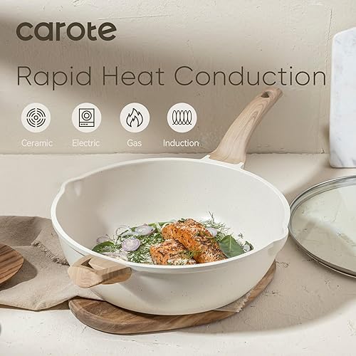 Miniatura 3 de CAROTE Sartén profunda antiadherente de 12.5 pulgadas con tapa, sartén jumbo de 6.5 cuartos de galón con boquilla de vertido, utensilios de cocina