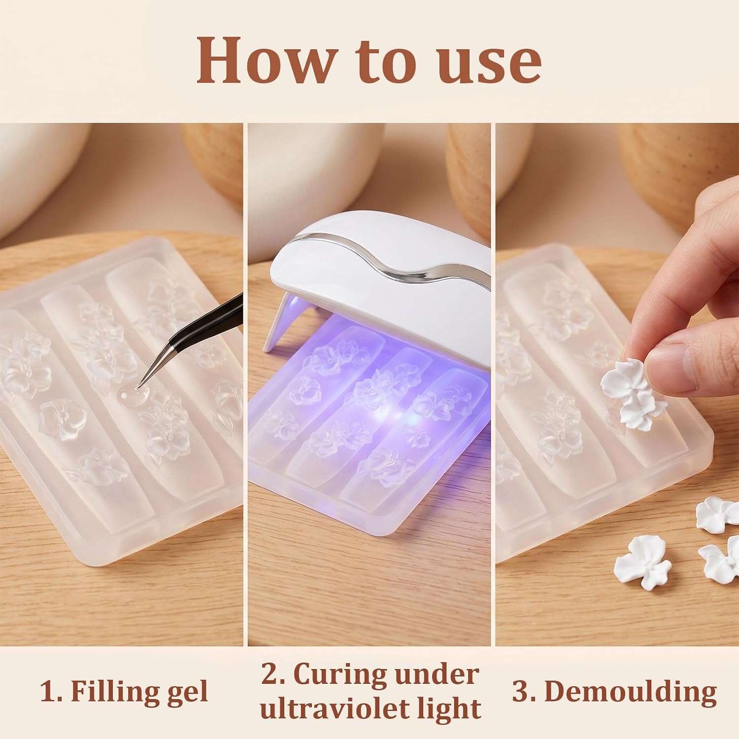 Silicone Nail Art Molds, 3pcs 3D Flower Nail Charms Molds for Gel Polish, Reusable Rose,Orchid Flower Nail Silicone Mold for DIY Manicure Design & Nail Charms Decoration (3pcs Rose)