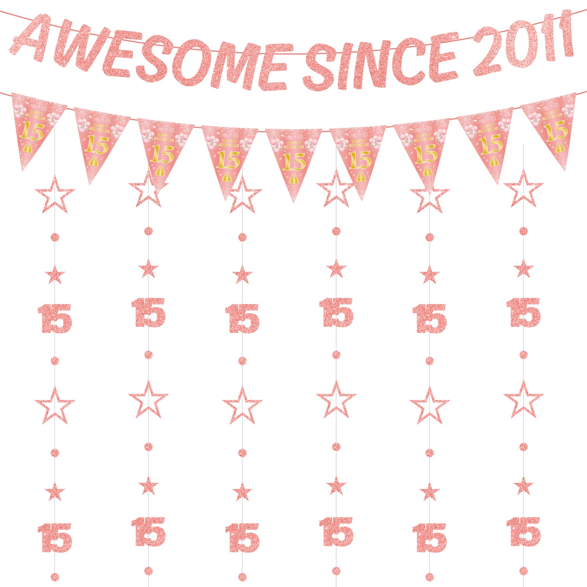 15th Birthday Decorations Banner Girl - 8 Pcs Rose Gold Awsome Since 2011 Banners Triangle Flags Number 15 Circle Dot Twinkle Star Garland for Fifteen Girls Year Old Party Supplies Decor