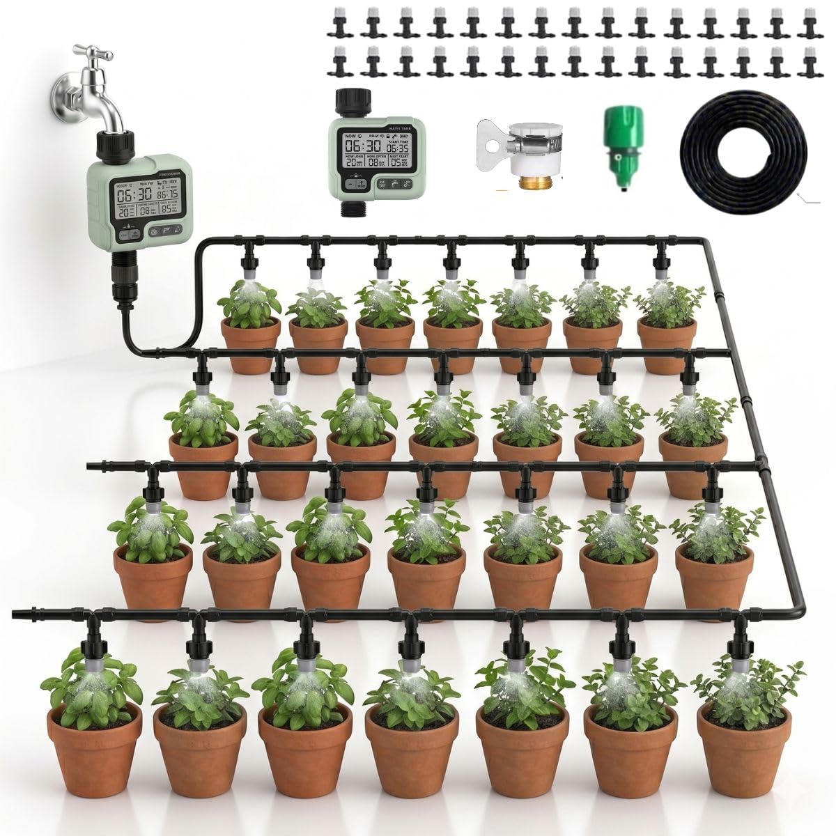 jern® automatic home/garden plant watering system with sprinkler, tubes and water timer digital programmable (digital timer with 30 meter tube and 30 nozzles)