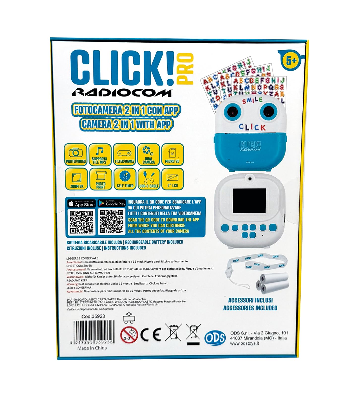 Click! 4 - Fotocamera istantanea per bambini - Doppia fotocamera - Stampa foto e disegni da App - Video 1080p - Zoom 6x - Giochi - MP3 - Display 2" LCD - microSD 4GB - Accessori inclusi