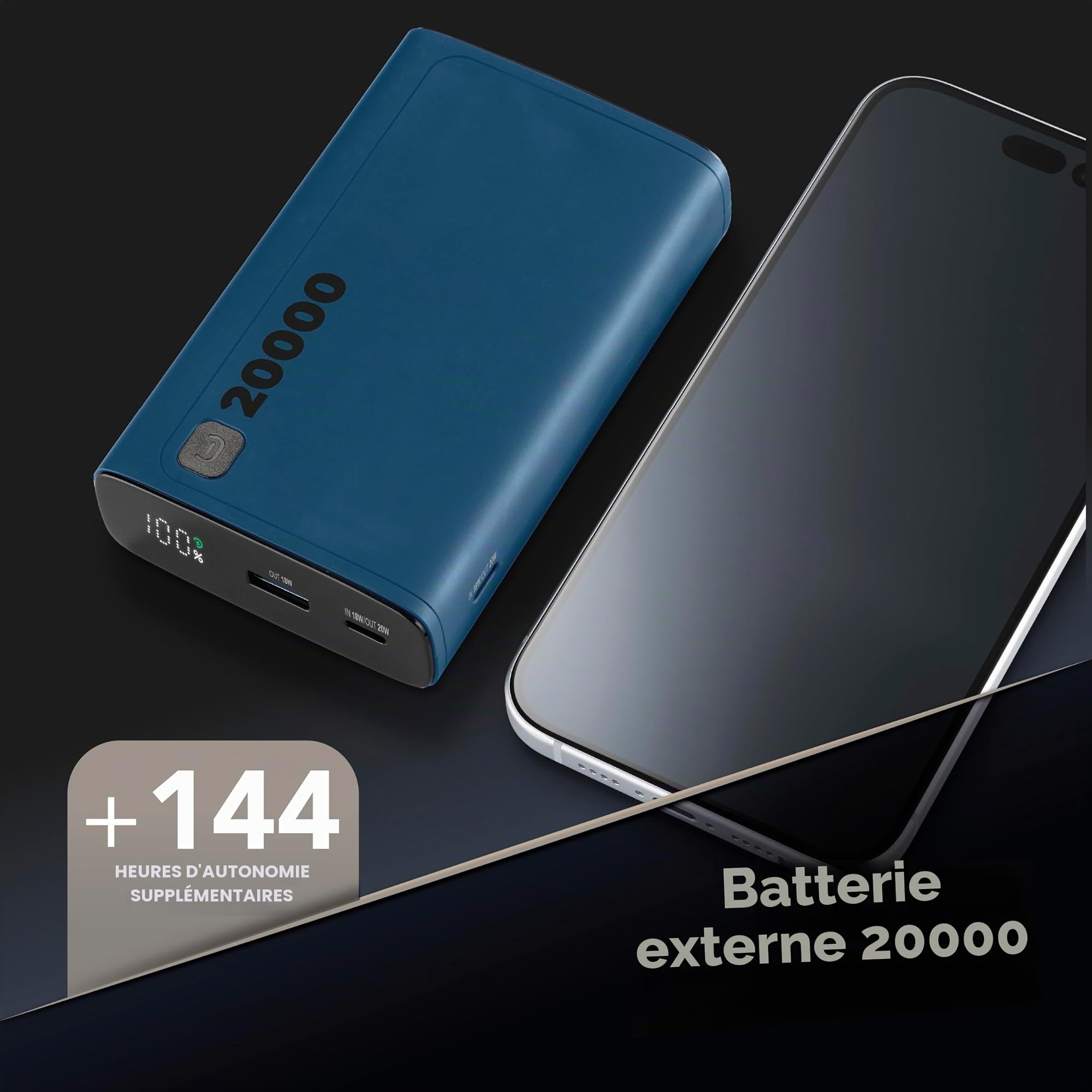 Cellularline - Elite 20000 - Chargeur Portable - Capacité de 20 000 mAh - +144 Heures de Charge supplémentaire - 1 x USB Output : 18 W Adaptive Technology - 2 x USB-C Entrée : 18 W/Sortie : 20 W PD -