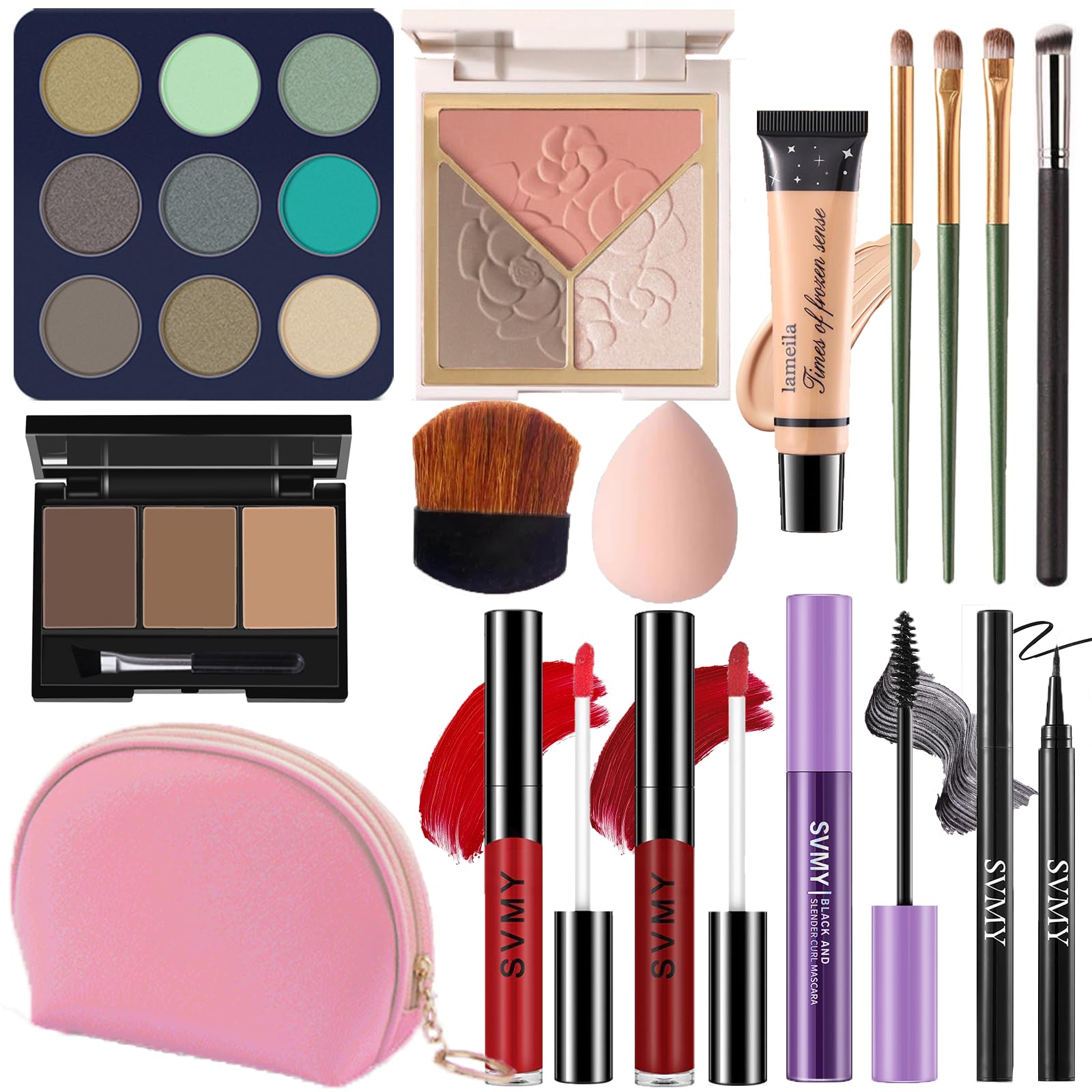 Makeup Set for Women, Makeup Kit for Beginners & Professionals, Makeup Set for Teens & Adults, Make up Gift, Eyeshadow Palette, Face & Eye Make up Green Eyeshadow + Deep Pink Cosmetic Bag