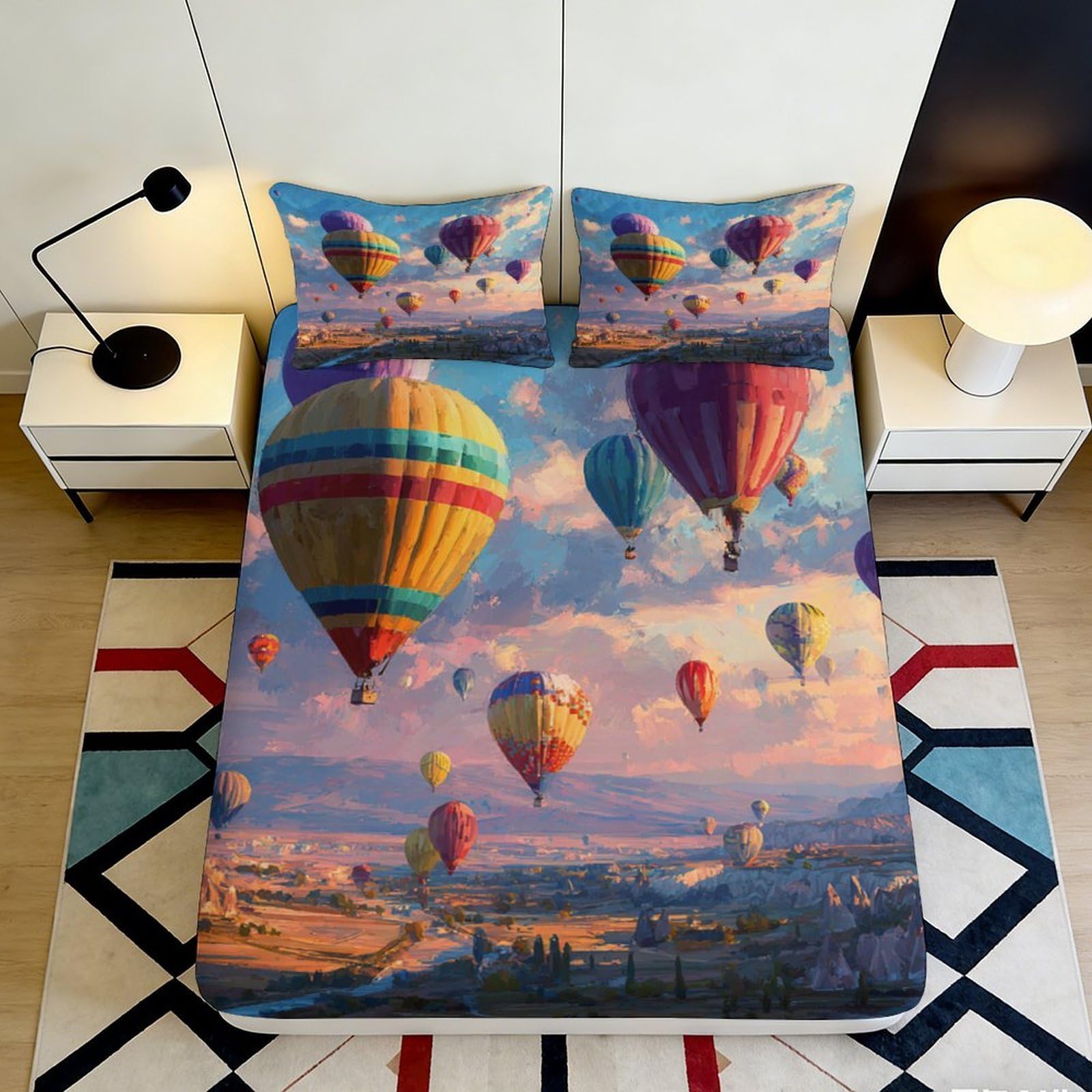 Pnayamiorkfel Style-3 3D Printed Hot Air Balloon Fitted Sheet Microfiber Colourful Sky Mattress Cover For Bedroom Dorm Guest Room Decor 90X200x25cm