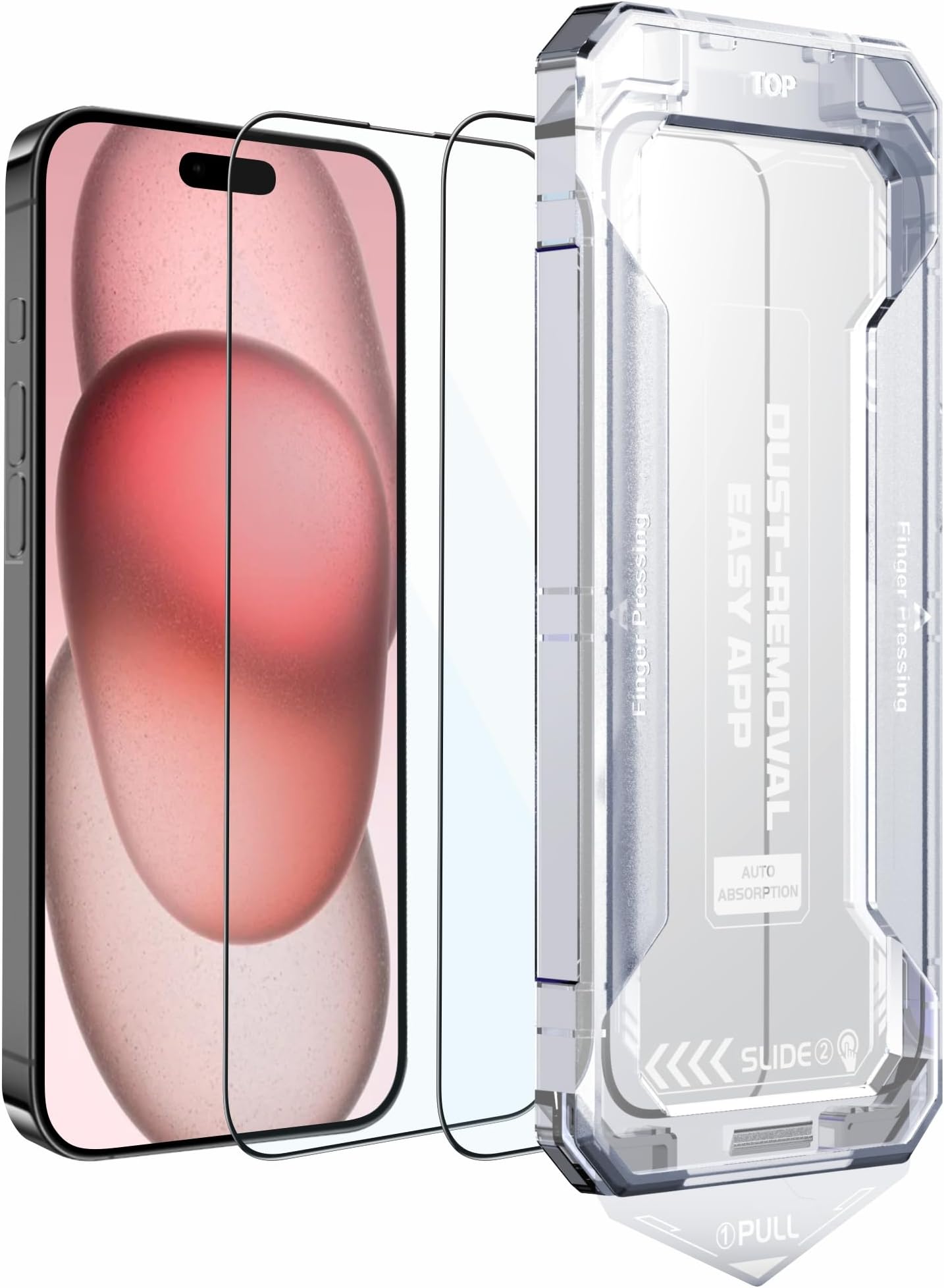 Affix 2 Pack for iPhone 15 and iPhone 16 Full Coverage Tempered Glass, Screen Protector Guard with Easy Fix Installation Tool, 9H Hardness Shatterproof, HD Clear Scratch Resistant