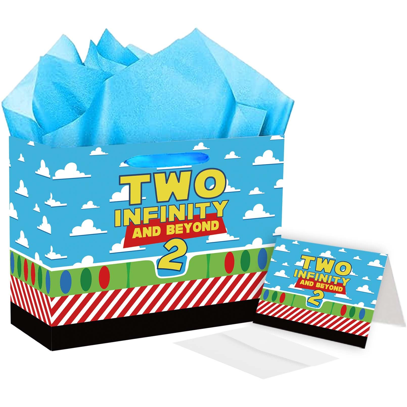 Photo 1 of LOYUJI 2nd Birthday Gift Bag, Two Infinity and Beyond Birthday Gift Bag with Tissue Paper and Card, 2 Year Old Party Decorations for Boys