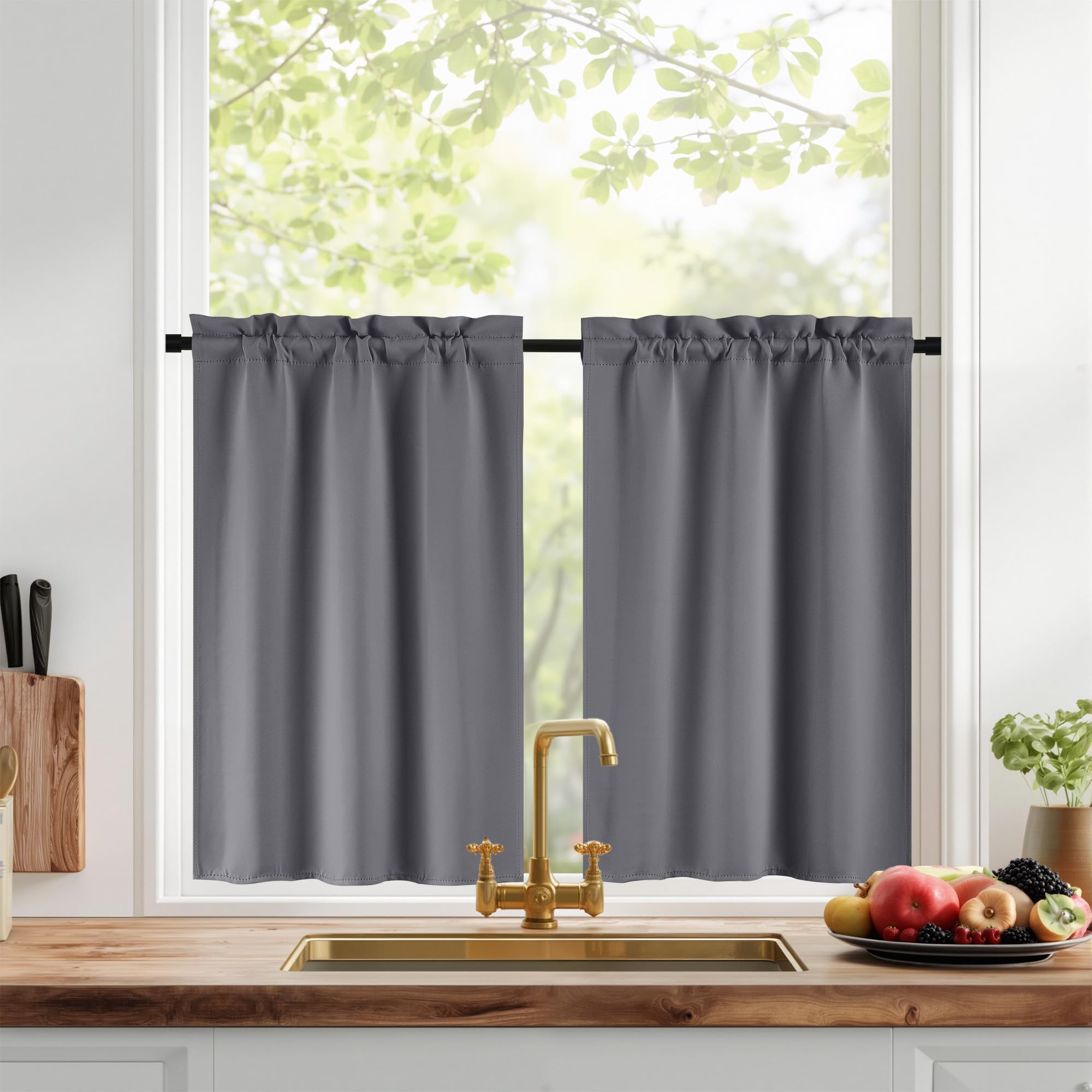 PONY DANCE Tende a Vetro per Finestra Tende Oscuranti per Cucina Corte Tendine Finestra a Vetro Blackout Curtains Termiche con Tasca 2 Pezzi 60x90 CM, Grigio
