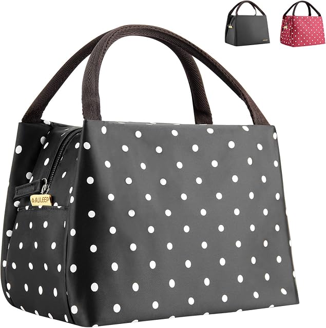 AULEEP Portable Lunch Bag Lunch Bag Tote for Men Women Children |Lunch Organizer for Work School Travel (Black Wave Point)
