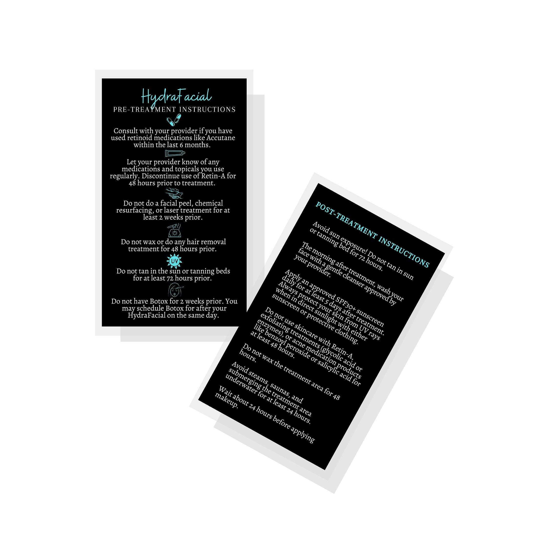 HydraFacial Pre & Post Treatment Care Instruction Cards | 50 Pack | Size 2x3.5” inches Business Card Size | HydraFacial Professionals Esthetician | Black with Aqua Design