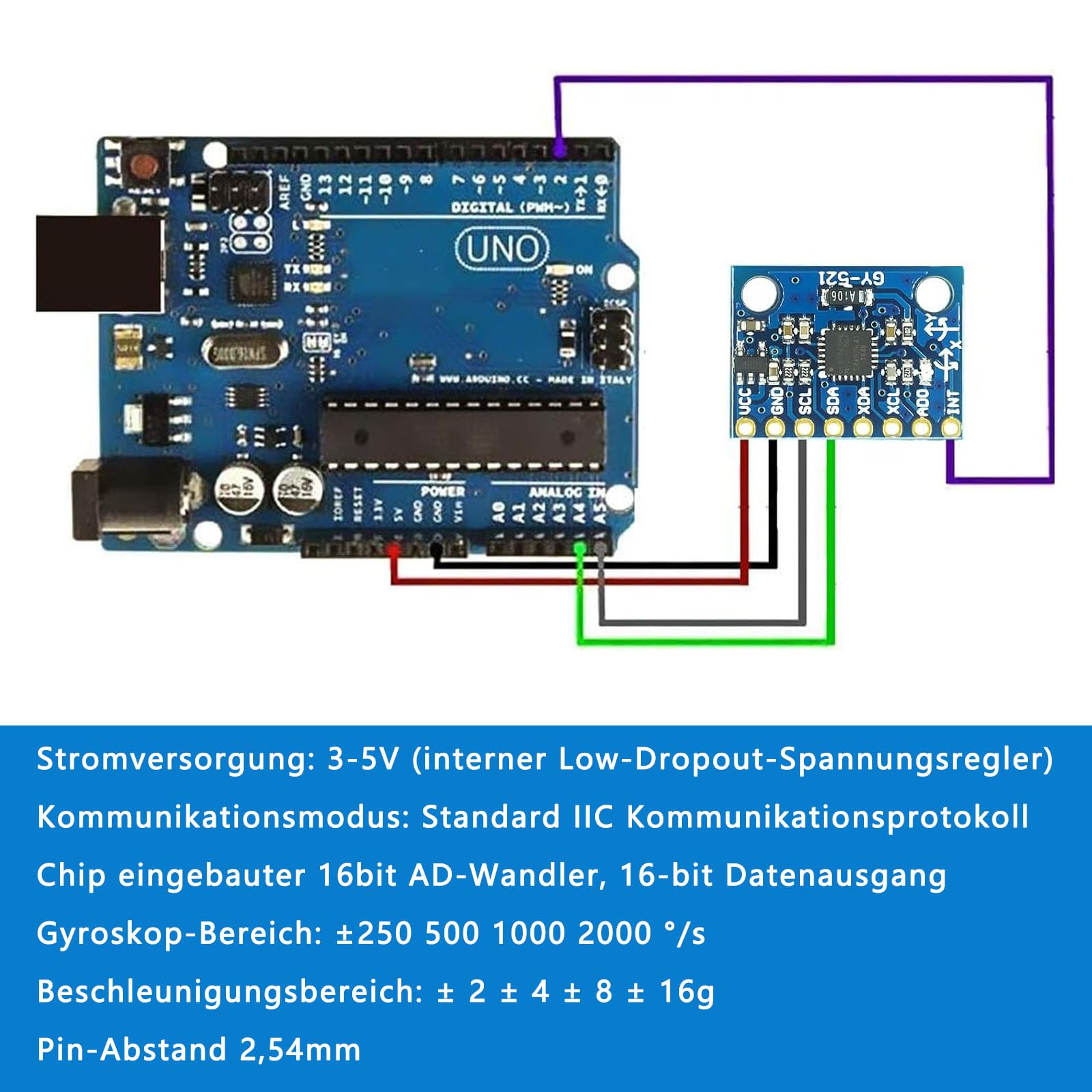 5 módulos GY-521 MPU-6050, 3 Axis Accelerometer Gyroscope Module 6 DOF 6-axis Accelerometer Gyroscope Sensor Module 16bit AD Converter Data Output IIC I2C y sensor de aceleración compatible con Ard