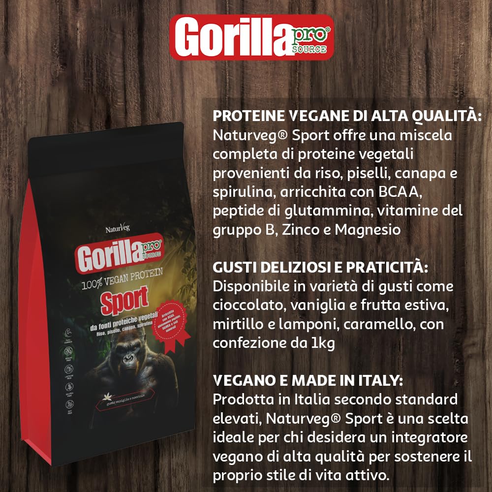 Naturveg® GORILLA PRO SOURCE Sport – Proteine in polvere Vegane da 1kg con BCAA, Glutammina, vitamine B, proteine vegetali di riso canapa, pisello e spirulina (1Kg, Caramello)