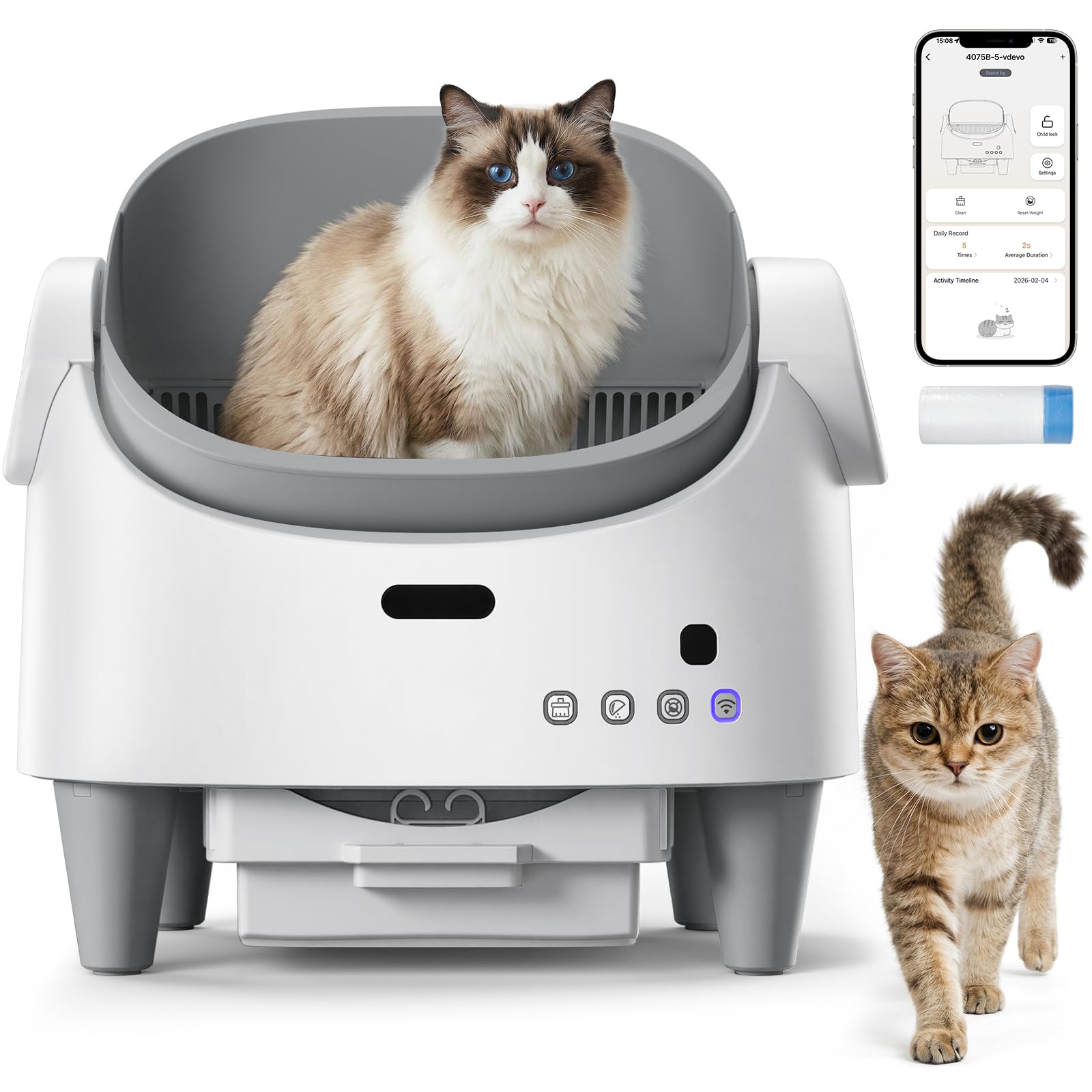 Self-Cleaning Cat Litter Tray, Automatic Cat Litter Box with Open-Top Design, APP Control, Safety Sensors, 3-Level Height Adjustment, Litter Robot for Multiple Cats, Low Odor, Quiet & Easy Maintenance