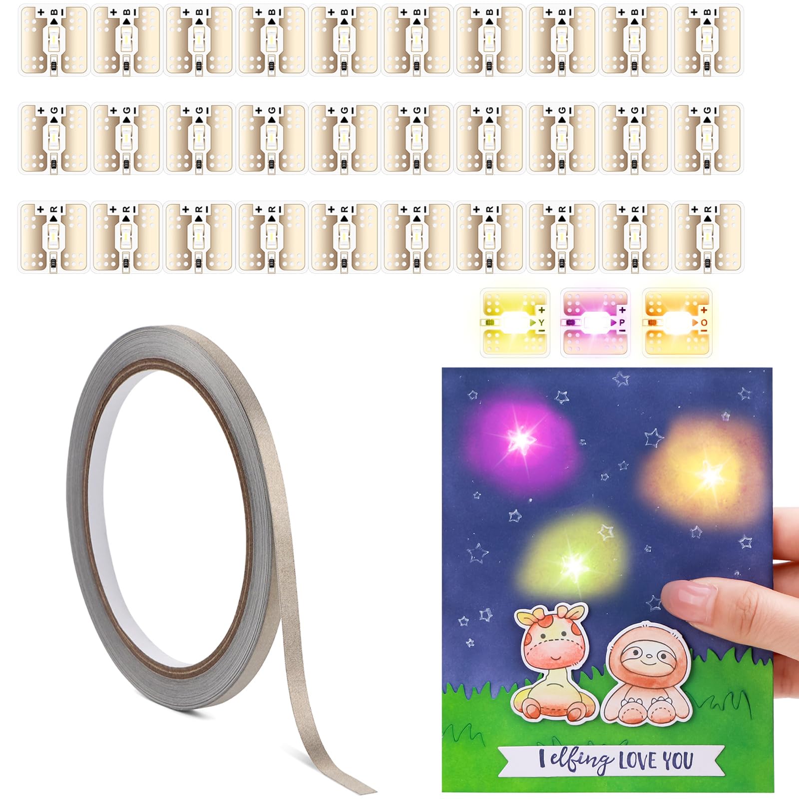 30 Pcs LED Circuit Stickers for Making Light-Up Cards, Yellow Pink Orange LED Light Craft Kit with Conductive Fabric Tape for Making Light-Up Interactive Cards, Add Lights to Special Cards Supplies