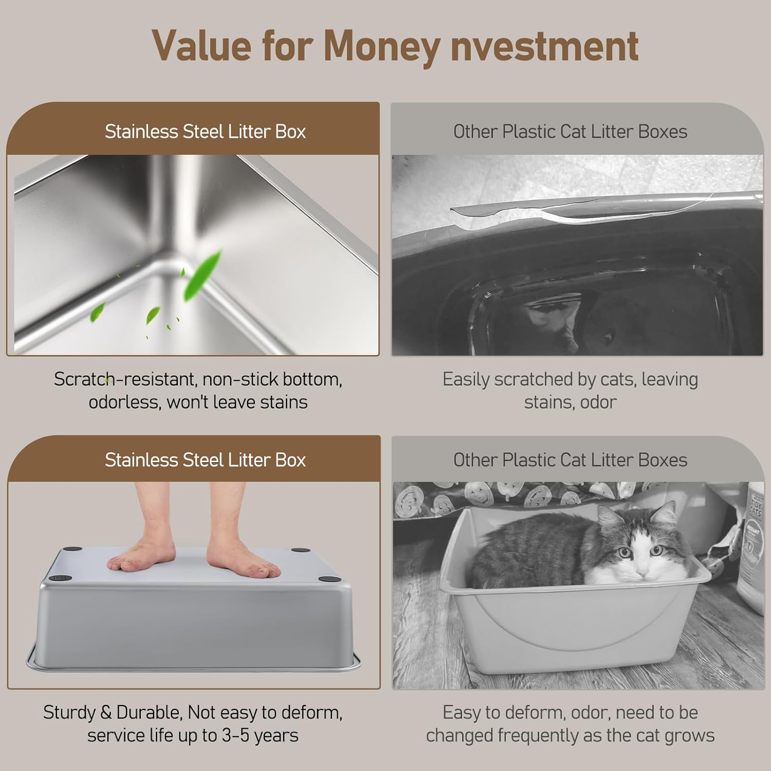 Cat Litter Box Stainless Steel XL with High Sides Enclosure Lid, Extra Large Covered Metal Kitty Litter Box with Litter Pan, Anti-Leakage & Odorless, Easy Cleaning, Litter Scoop Included,Black