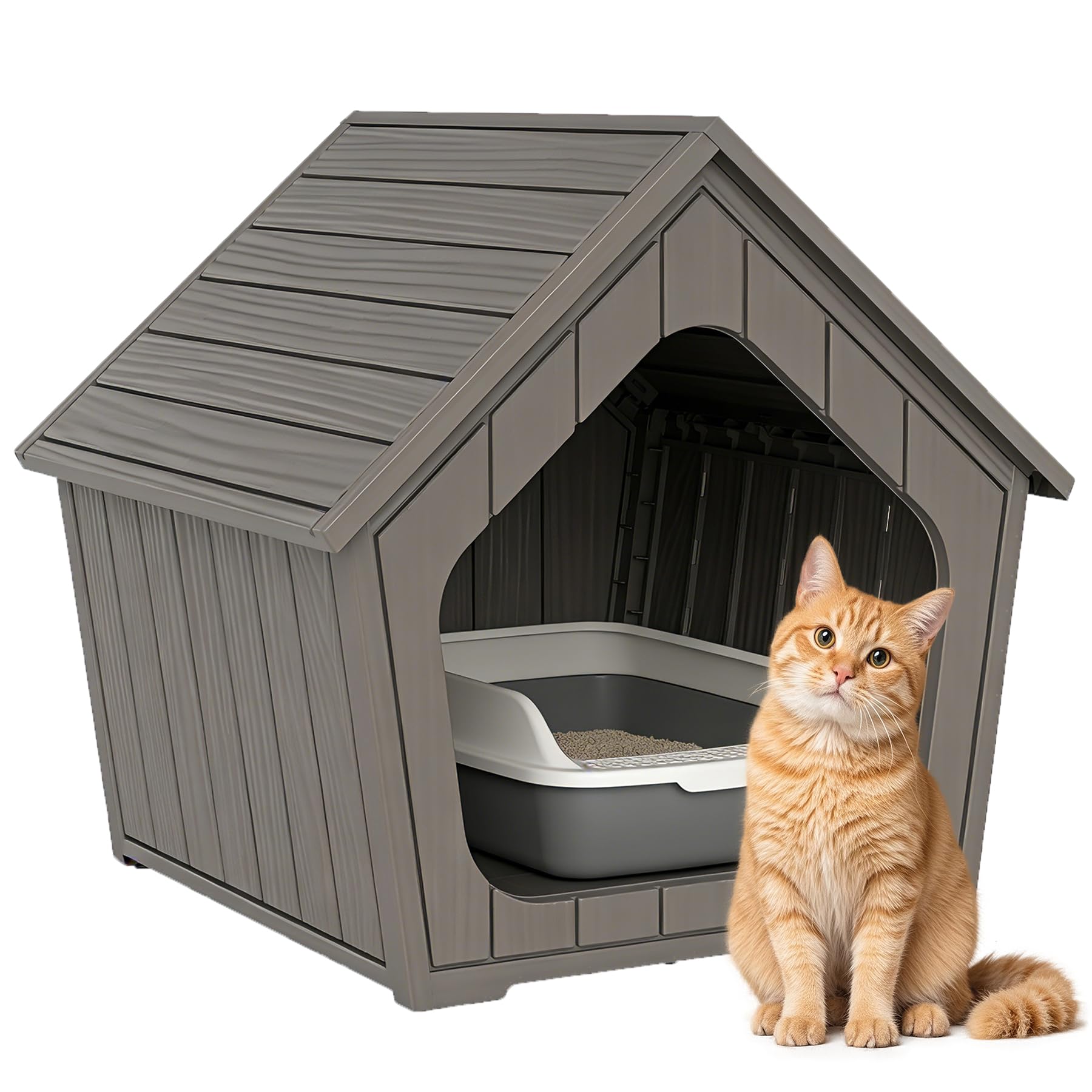 Cat Litter Box Enclosure, Hidden Covered Litter Box Furniture with Air Holes, Resin Outdoor Cat House Weatherproof, Wide Opening Design for Easy Cleaning, Grey