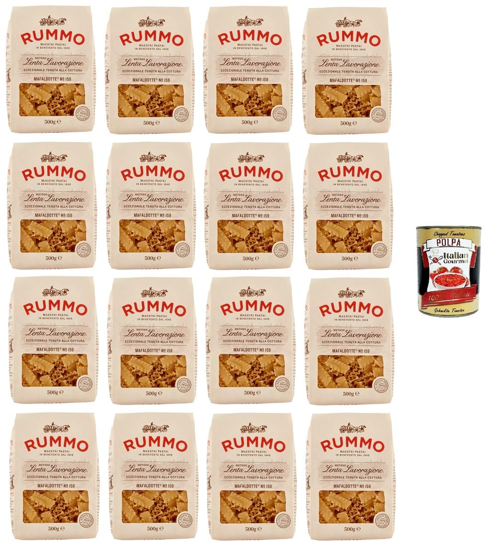 Rummo Mafaldotte N°159 Pasta Lenta Hartweizengrieß Bronze-Zeichnung 16x500g + Italian Gourmet Polpa 400g