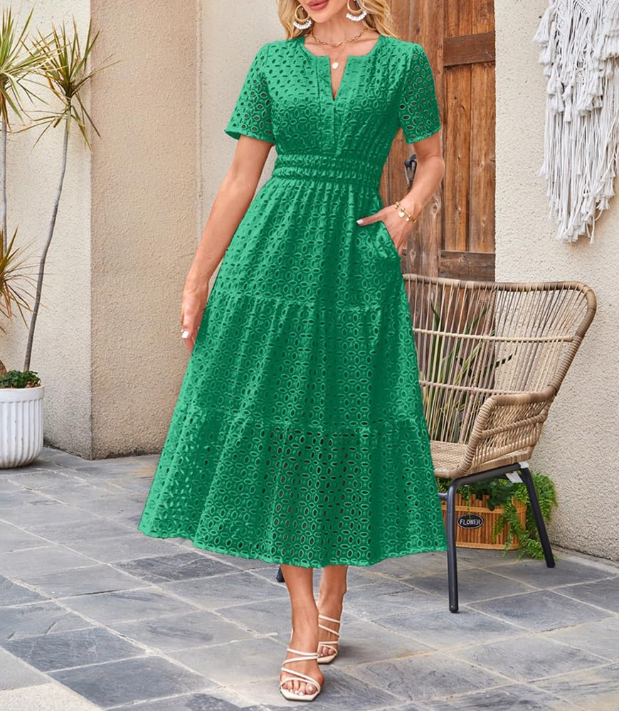 Vestido Largo de Verano de Manga Corta para Mujer, Informal, con Escote en V, Aberturas, Ojales, Cintura Alta, Volantes, Corte A, Fluido