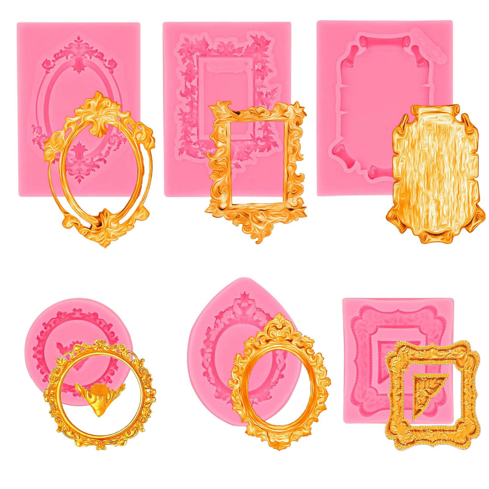 6 PCS Baroque Frame Molds Silicone, Picture Frame Chocolate Mold and Resin Frame Mold for Fondant, Clay Molds for Crafts, Cake Decorating, Cupcake Topper, Chocolate, Candy, Polymer Clay