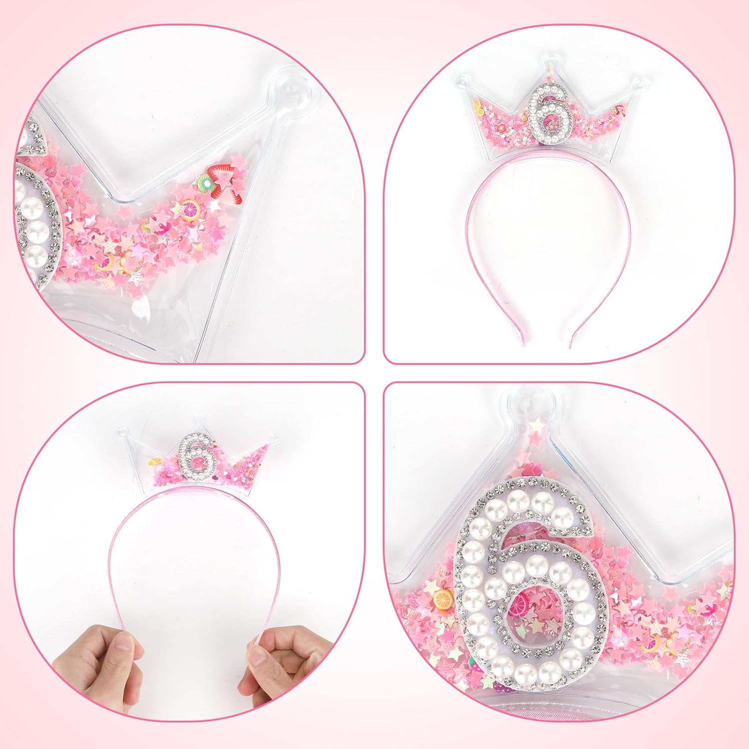 6th Birthday Headband, Pink Glitter Birthday Crown Pearl Headdress Party Celebration Decoration Accessory for Girl