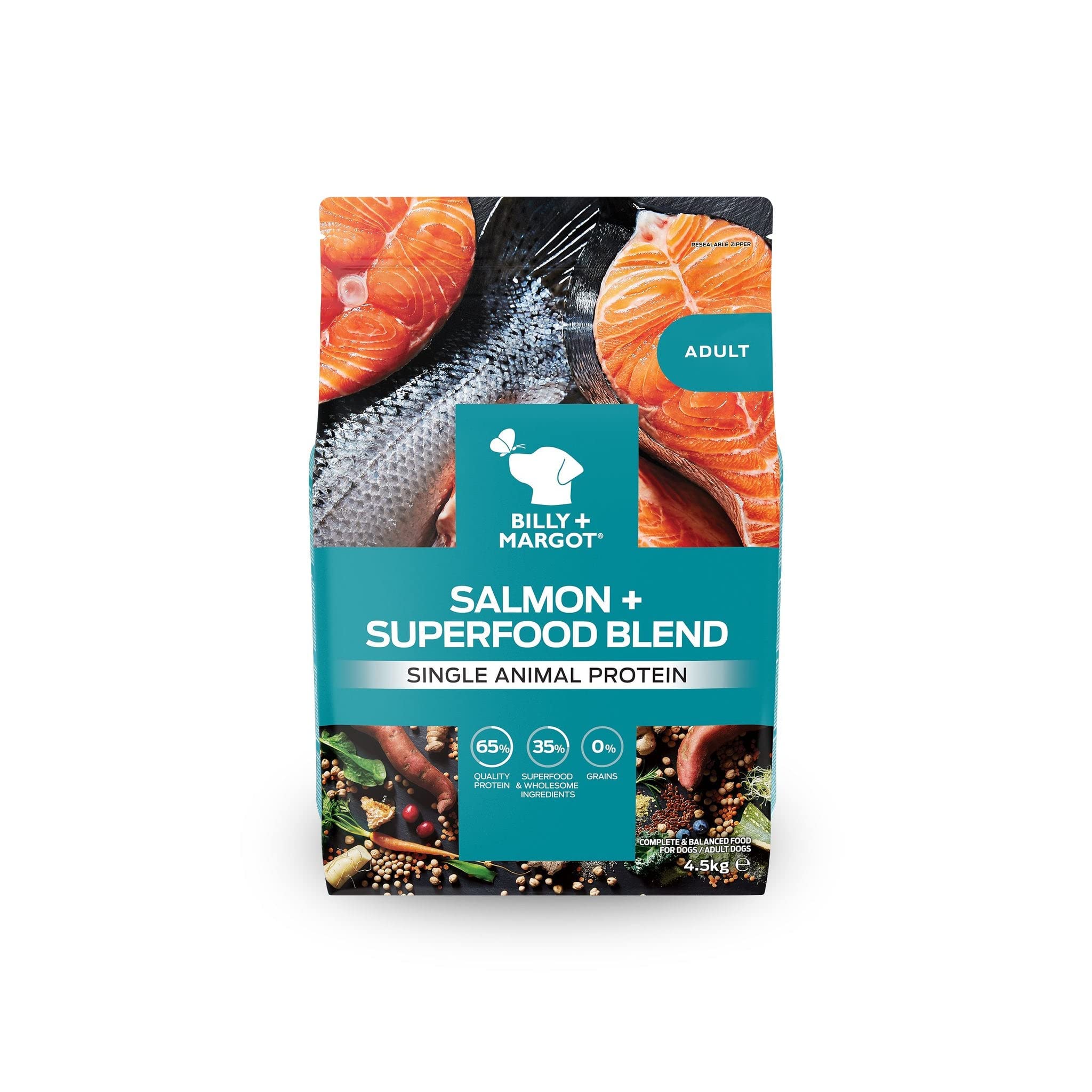 Billy + Margot Salmon Dry Dog Food, 4.5kg All Natural Salmon Grain Free Dog Food with Superfoods for Adult Dogs, Sensitive Fish Dog Food and Hypoallergenic Dog Food Dry Bulk Food