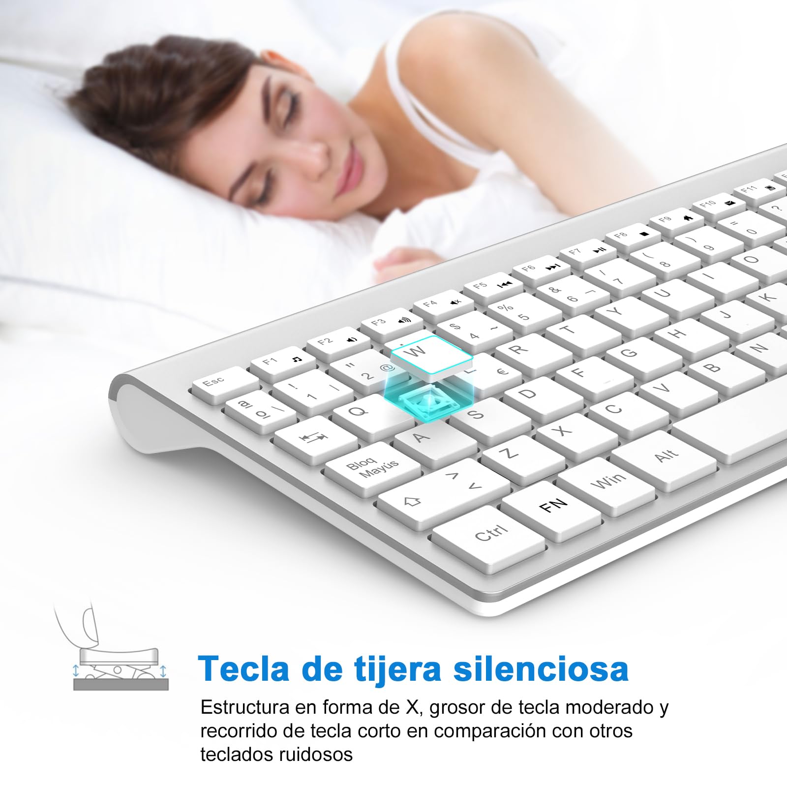 cimetech Teclado inalámbrico, 2.4G QWERTY español Layout, USB Teclado de Ordenador con Teclado numérico y Teclas ergonómicas para Desktop/PC/Laptop/Surface/Smart TV/Notebook y Windows - Plata