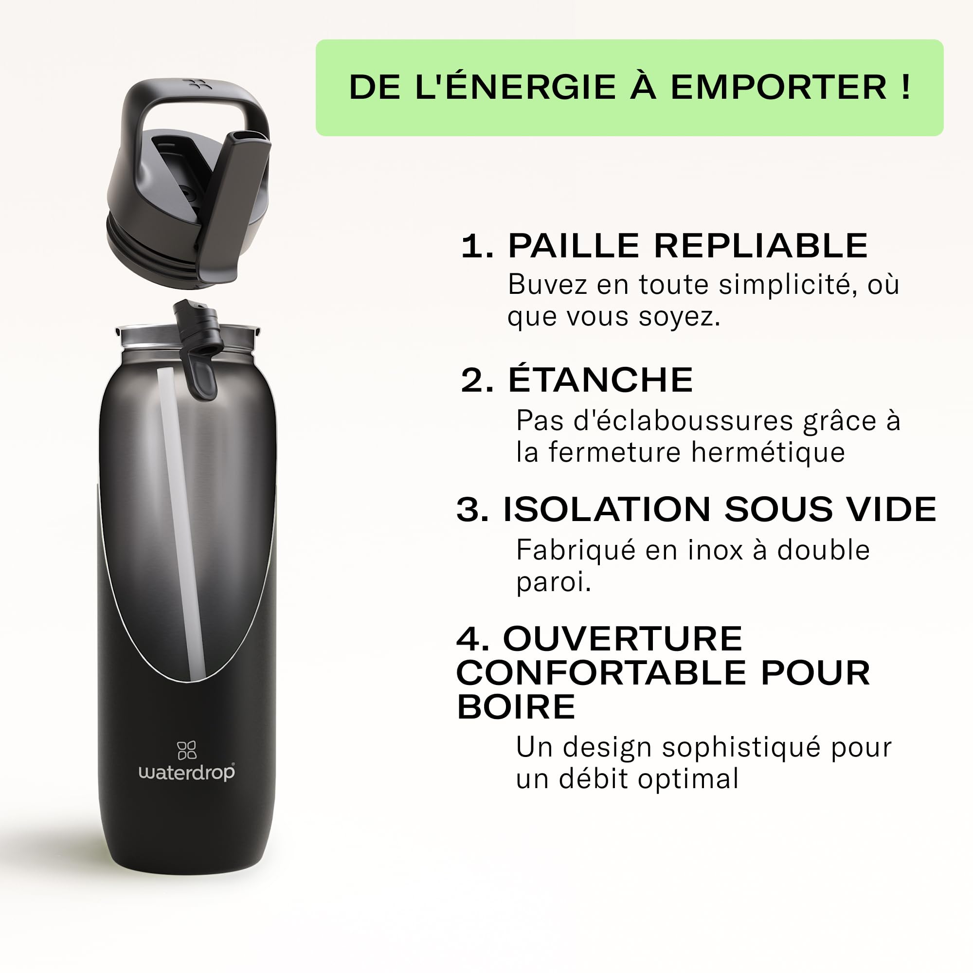 waterdrop® Gourde avec Paille 1 L - Gourde Isotherme, Bouteille d'eau en Acier Inoxydable, 24h Froid - 12h Chaud, Anti-fuite & Résistante, Bouteille Isotherme pour Boissons Chaudes et Froides