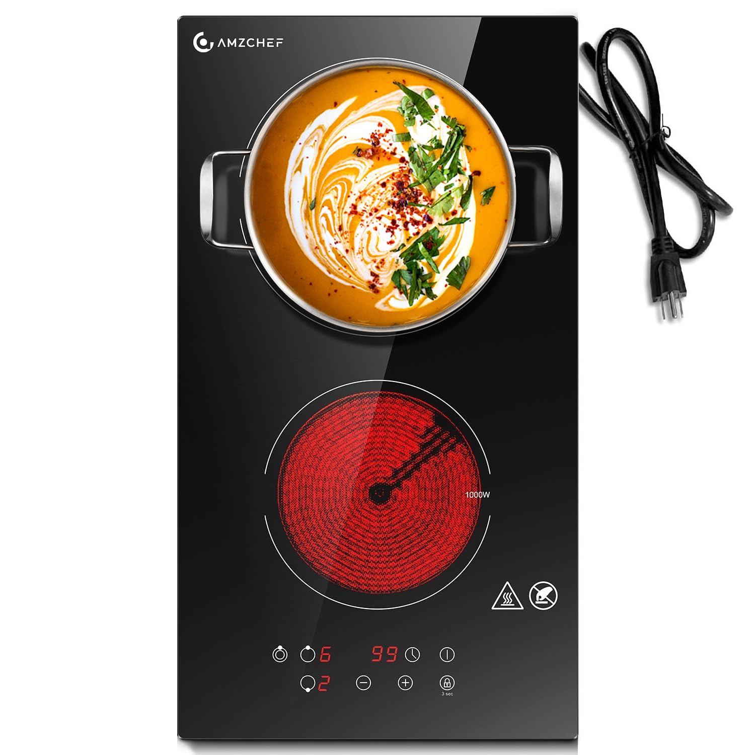 AMZCHEF 2 Burner Electric Cooktop 12 Inch, Domino Electric Stove Top 120v Plug Ceramic Cooktop with 1800W 9 Power Levels,Child Lock,Residual Heat Indicator,Built-in&Countertop
