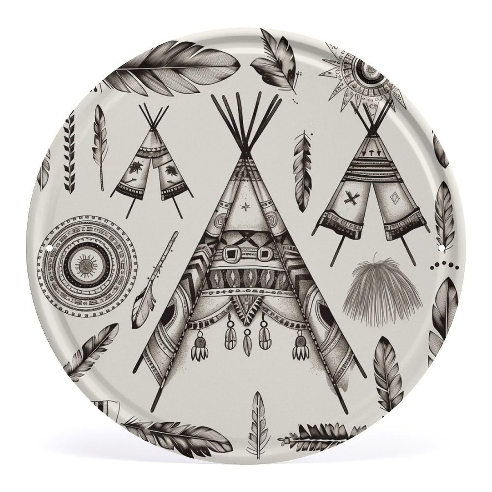Fodpand Style Feather Head Band Teepee Tent Round Wall Art Hanging Decorations, Wall Decor Modern Minimalist Artwork, Tin Sign Hanging Picture For Living Room, Bedroom, Office, Hallway, 11.8X11.8 Inch