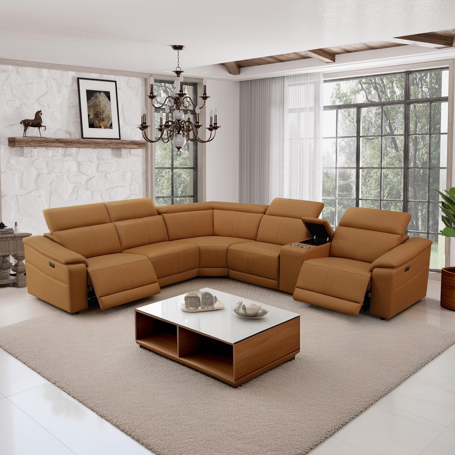 Power Recliner Sectional Sofa, Leather Reclining Sectional Living Room Couch with Storage Concole/Cup Holder, Caramel Leather Reclining Corner Sofa for Living Room/Apt/Office