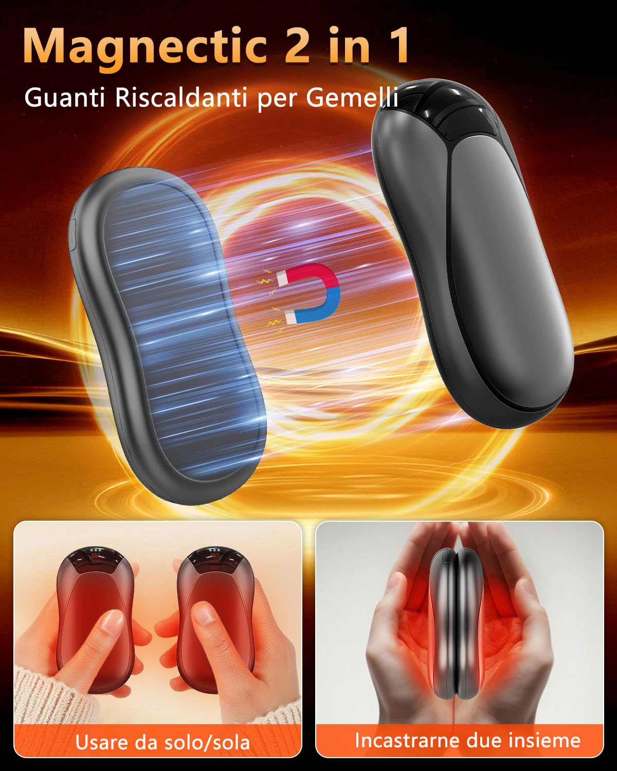 Scaldamani Ricaricabile Magnetico 2 in 1, Scalda Mani Elettrico Portatile, Ultra Leggero& Ultrasottile, Powerbank Scaldamani Calore con 3 Livelli, Riutilizzabile Regali, Adatto per Attività All'aperto