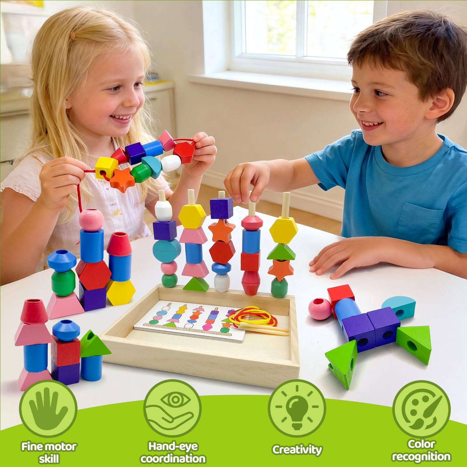 Yeefunjoy Montessori Drewniane zabawki dla dzieci w wieku 2, 3 i 4 lat, drewniane koraliki do nawlekania, klocki do układania, podróżna gra edukacyjna dla małych dzieci, prezent dla przedszkolaków