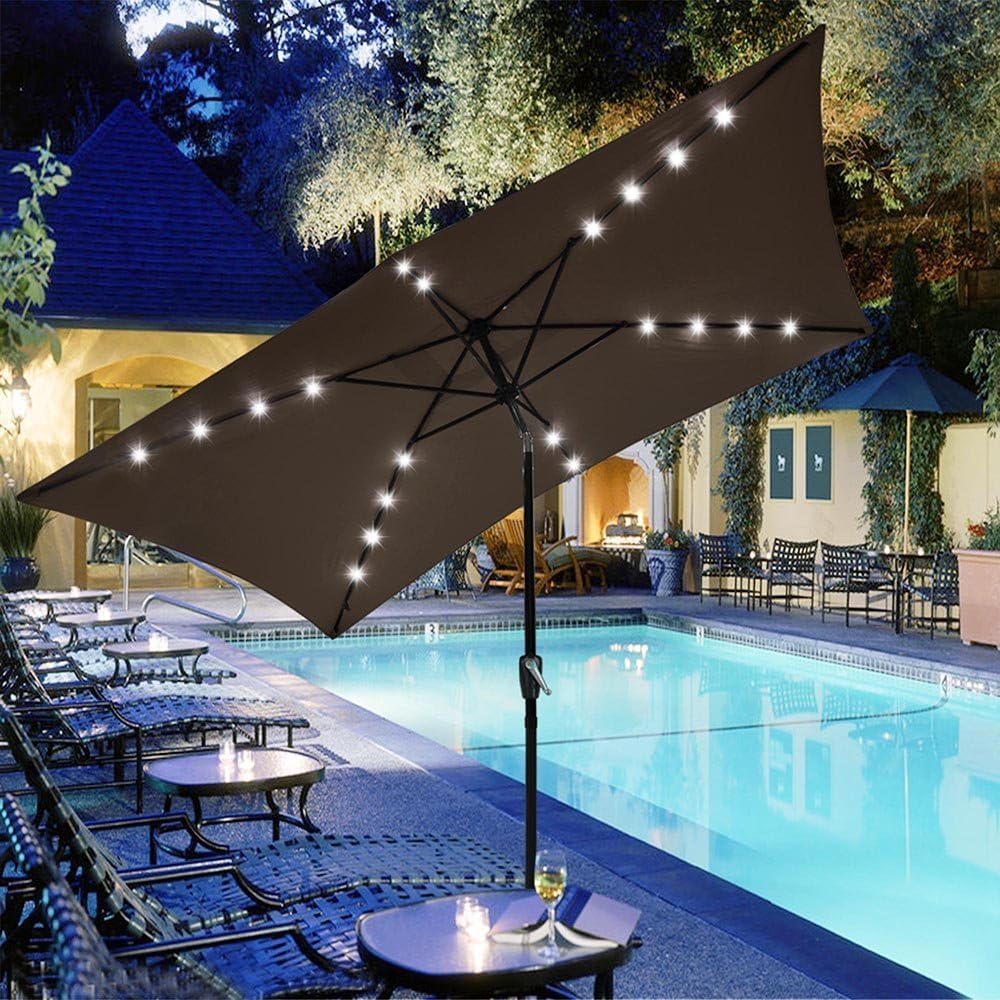 LeeMas Inc 10 Feet x 6.5 ft Rectangular Solar LED Lights Patio Umbrella Aluminum Offset Outside UV-Resistant w/Crank Tilt Function Chocolate