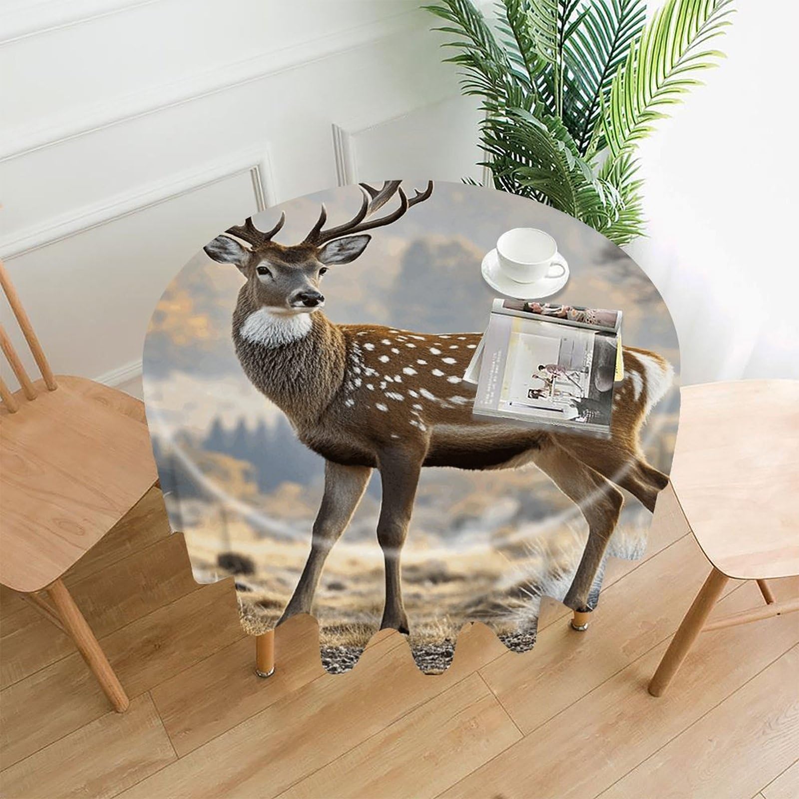 LZQPOEAS Deer Pattern Tablecloth Decorative Round Table Cloth Wrinkle Resistant Round Tablecloth Washable Circle Table Cover for Kitchen Dining Party Wedding Camping 60 Inch