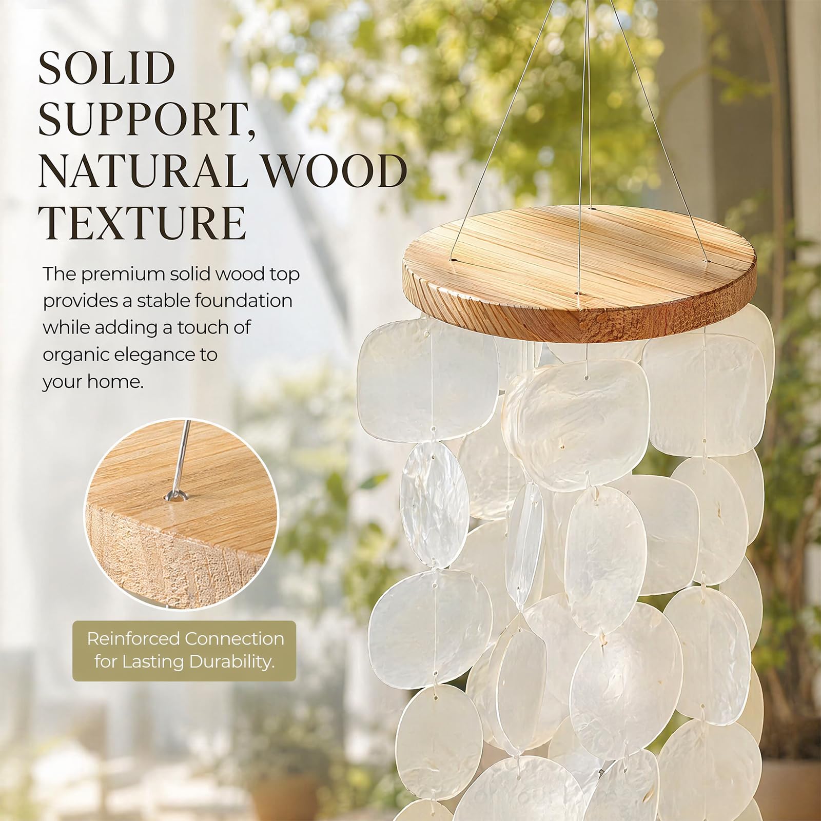 Muschel Windspiel aus echten Capiz Muscheln 45cm, Boho Hängedeko mit Holz, Entspannender Klang, Sommer Strand Deko für Balkon Garten Terrasse, Weiß