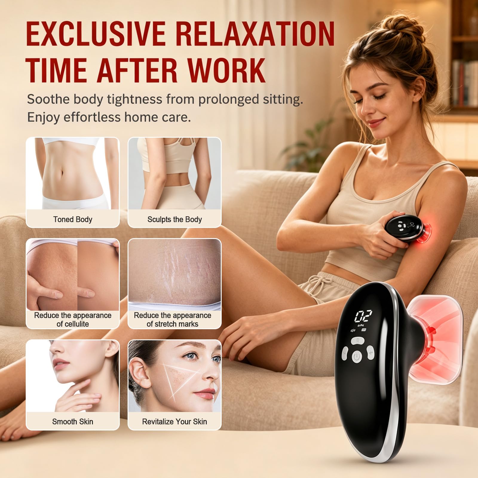 Masajeador eléctrico 3 en 1 con EMS y luz roja, masajeador eléctrico inalámbrico con 10 niveles de intensidad y 4 cabezales intercambiables, dispositivo anticelulitis para abdomen, piernas, brazos