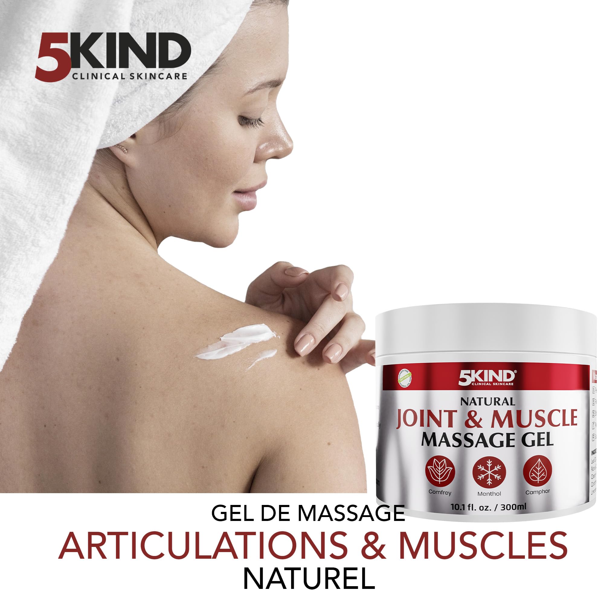 5kind Gel fraîcheur naturel articulation & muscle 300 ml - Crème calendula, camphre, consoude & menthol - Gel musculaire revitalisant puissant - Gel de massage dos, muscles, genoux, cou & épaules