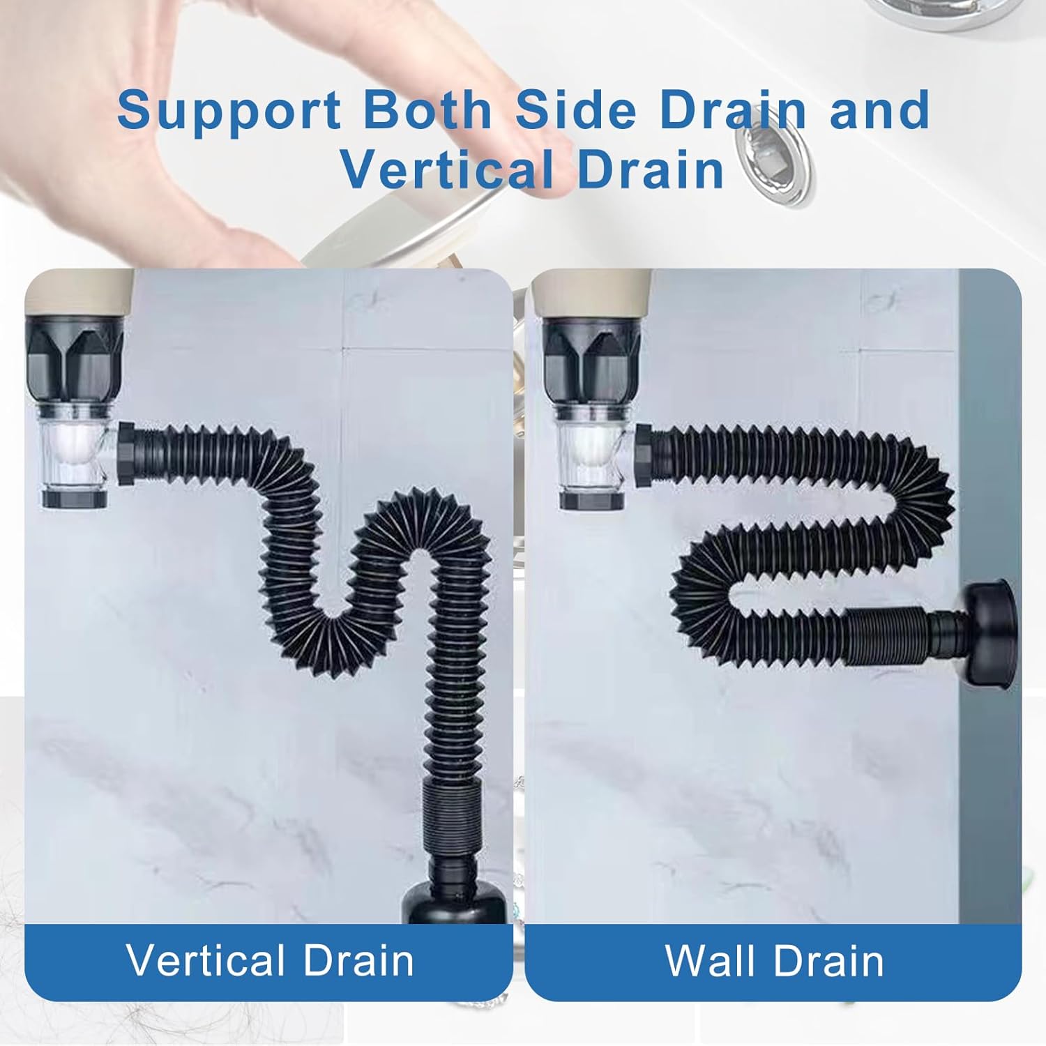 Bathroom Sink Drain Kit Flexible Expandable P-Trap Sink Drain Pipe for 1-1/4" to 1-1/2" Drain Hole Snappy Trap with Built-in Anti-clogging Stopper