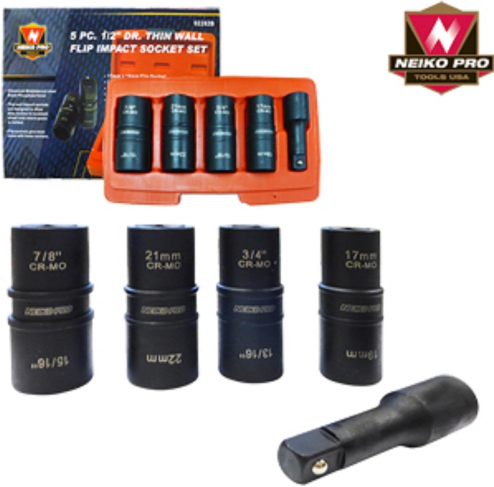 Thin Wall 5pc 1/2" Dr. Flip Impact Socket Set Auto CAR Rims Tires LUG Nuts Tool