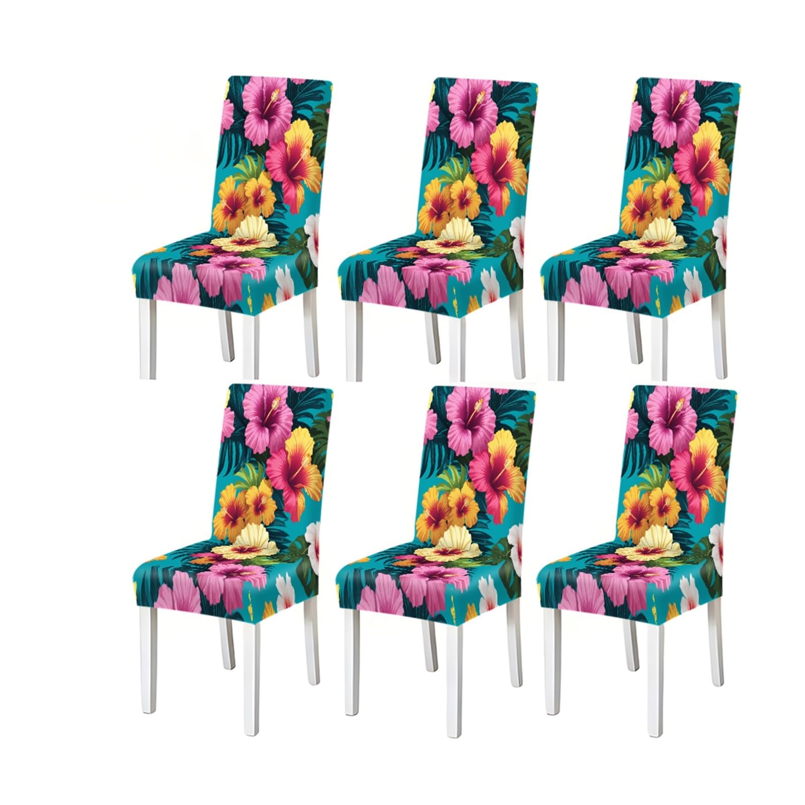 KXUAUV Turquoise Tropical Hibiscus Floral Pattern Print Dining Chair Covers Set Of 2/4/6, Stretch Slipcovers For Kitchen Dining Room Seat Protectors for Restaurant Hotel Party(6PCSChair cover)