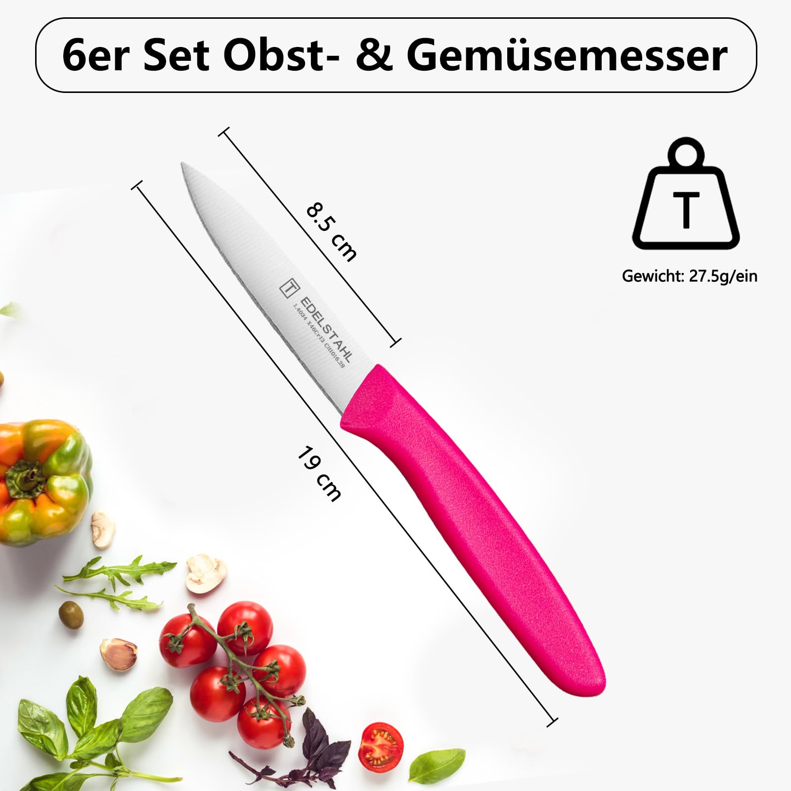 Gemüsemesserset, 6-tlg,aus Edelstahl, mit Kunststoffgriffen, bunt | Obstmesser-Set mit scharfen, präzisen Edelstahlklingen, speziell zum Schneiden von Obst und Gemüse entwickelt