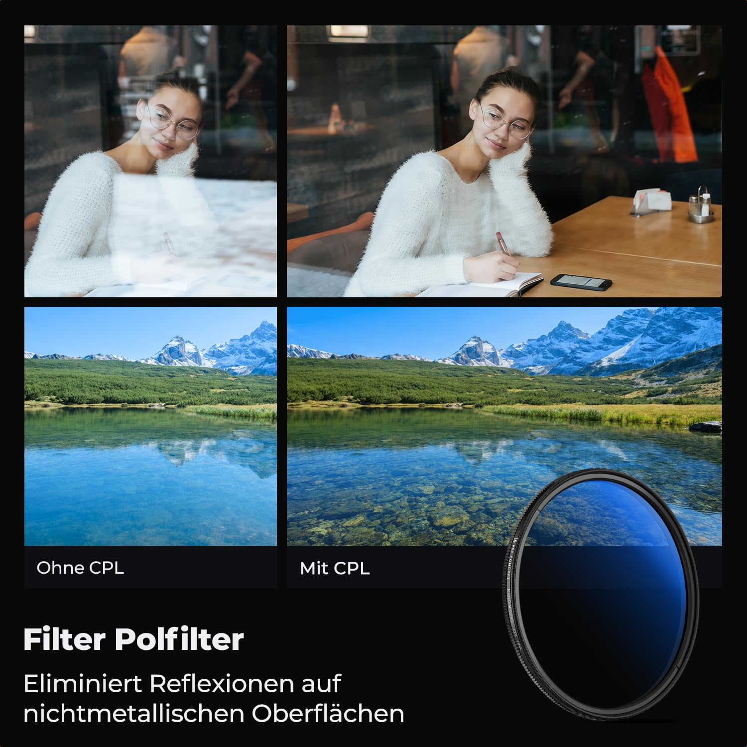 K&F Concept K-Serie Pro 67mm Slim Zirkularer Polfilter Polarisationsfilter CPL Filter Cirkular Polfilter Optisches Glas & Aluminium für Foto-Kameraobjektive