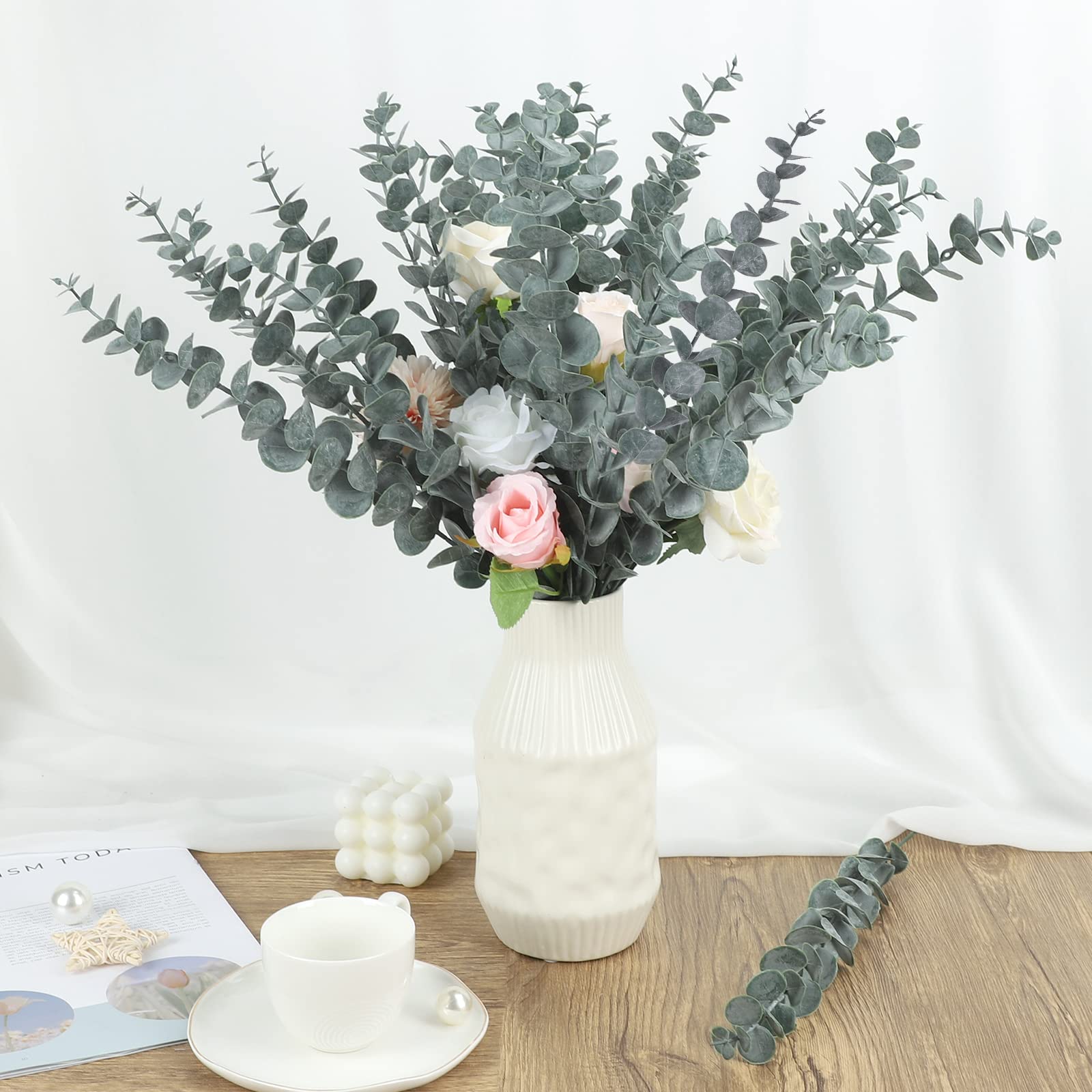 FUNARTY 30pcs Artificial Eucalyptus Stems 18in Faux Eucalyptus Leaves Stems Fake Eucalyptus Branches for Wedding Bouquet Home Decor