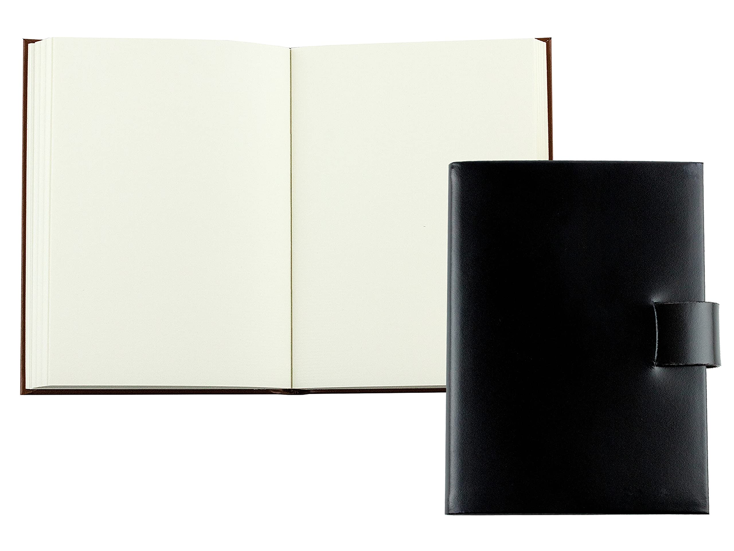 DELMON VARONE - Personalisierbares Notizbuch DIN A6 gebunden in Premium Cambridge Top Grain Leder (Rindspaltleder) schwarz, Blanko Buch unliniert im Softcover Ledereinband mit Verschlusslasche