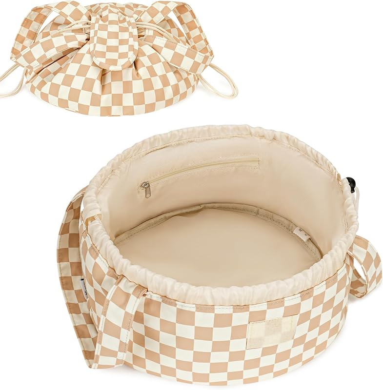 Narwey Necessaire de maquiagem cilíndrica com abertura plana e cordão, modelo 5119, Z-Light Checkerboard, 1 unidade