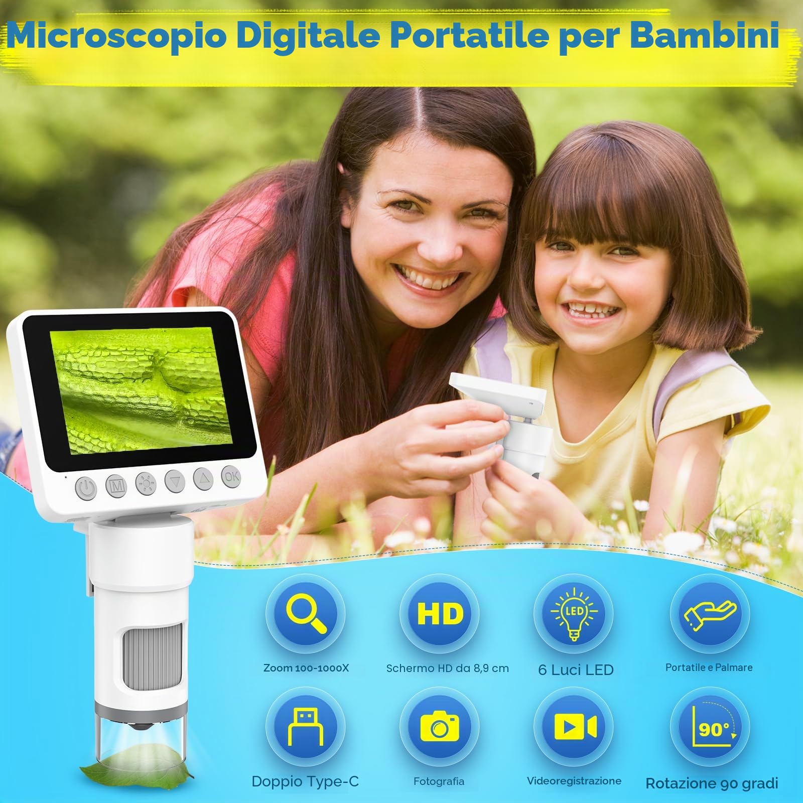 Microscopio tascabile digitale portatile per bambini, 1000X lente d'ingrandimento con luce per monete, gioielli, lettura, scienza, apprendimento