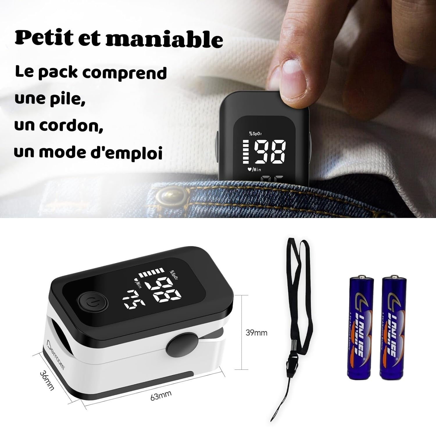 Pulsioximetro de Dedo Profesional Berrcom Oxímetro de pulso Medición precisa de la Saturación de Oxígeno en Sangre con función de alarma, Pantalla OLED para todos las personas con cordón