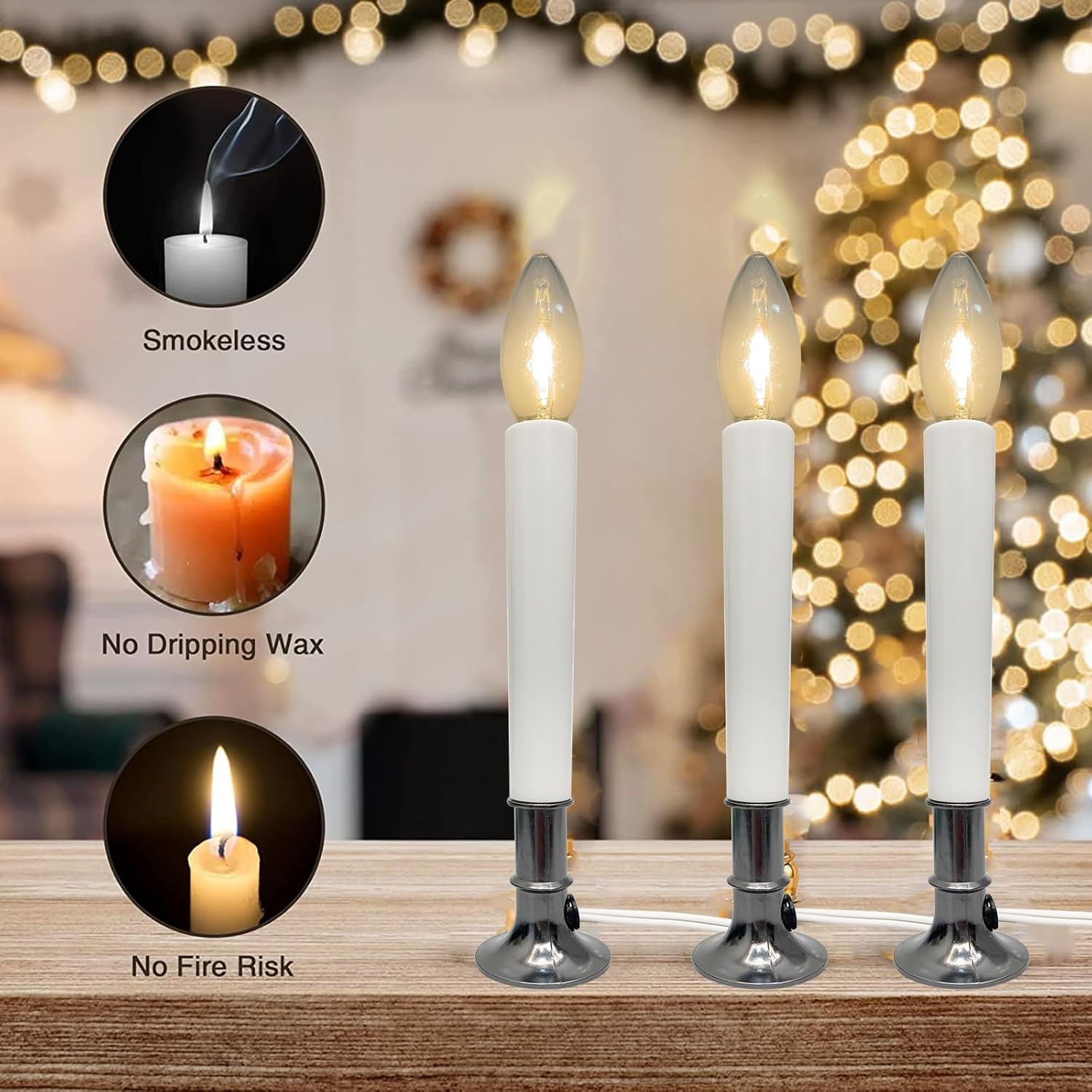 4 Pack Electric Christmas Window Candle with Sensor Dusk to Dawn, Nickel Plated Base Window Candles with C26 Led Clear Torpedo Tip Bulb, Candle Set for Home & Kitchen for Windows Table Christmas Decor