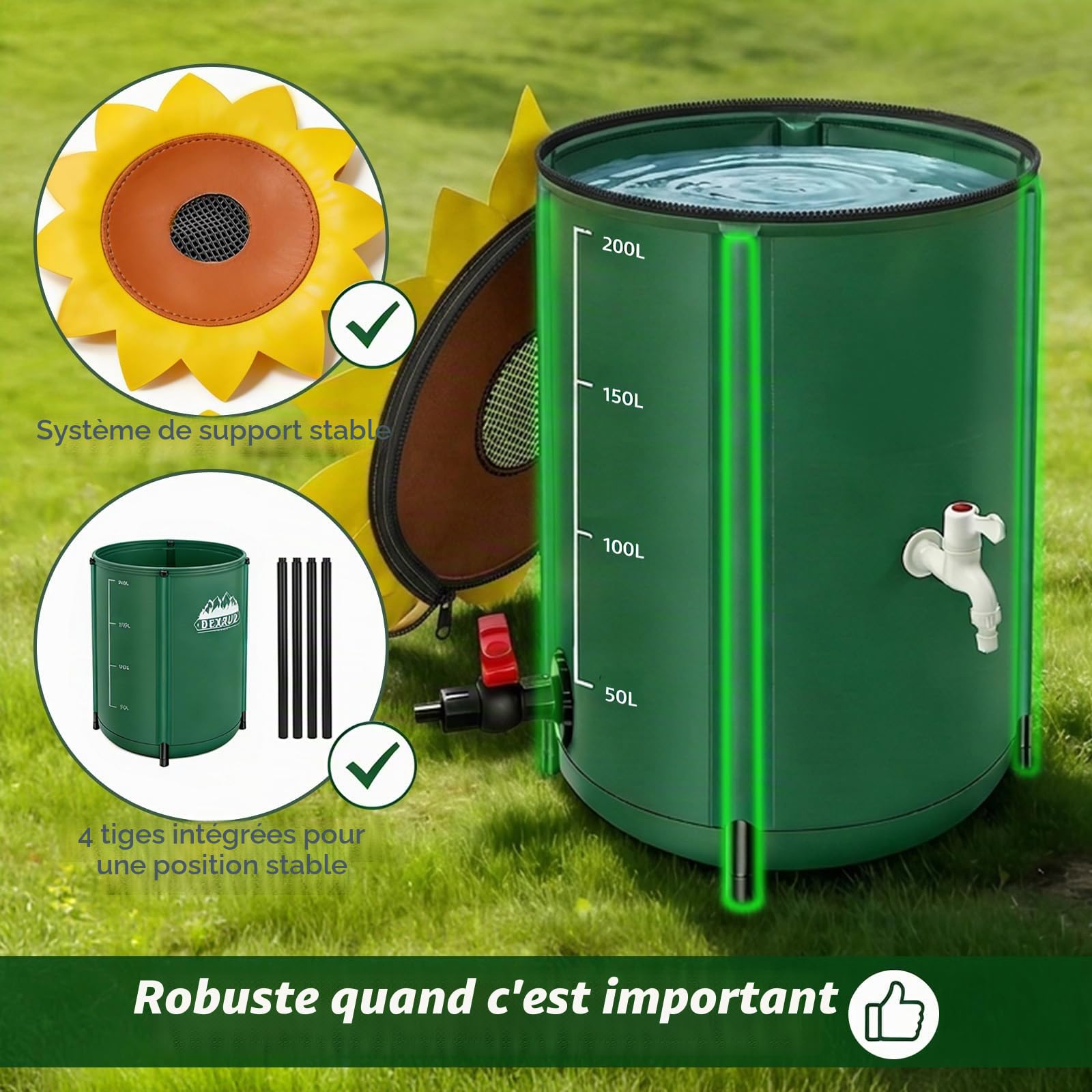 Regentonne pliable 200 litres, forme de fleur, réservoir d'eau de pluie avec robinet, tonne à eau de pluie résistante à l'eau avec embout et kit de débordement, réservoir d'eau de jardin pour