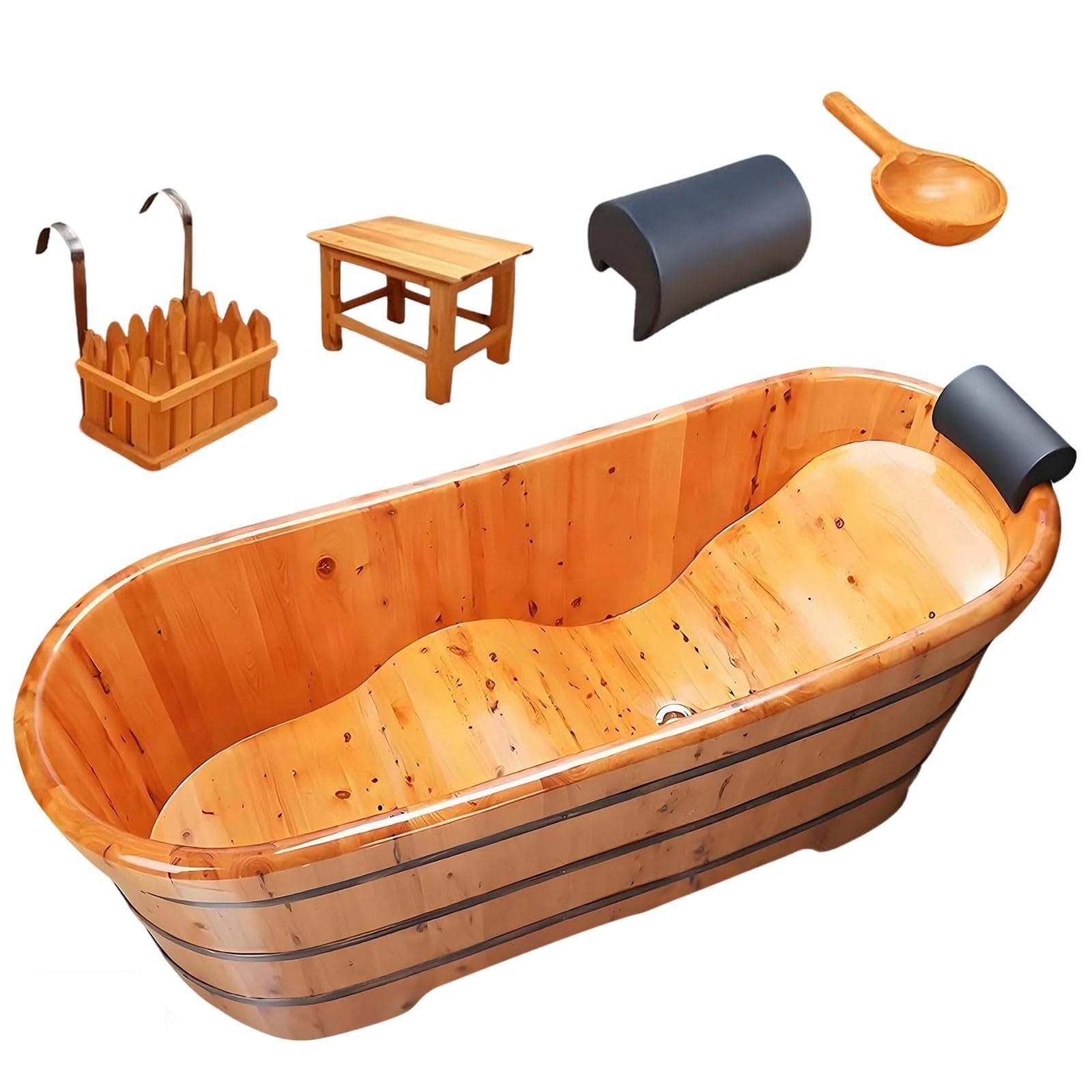 ACLFF Bathtub with Soft Headrest, Free Standing Wooden Bathtub, Wood Soaking Bath Tub With Multiple Accessories To Combine Bathing, Natural Wood Color for Hotels, Homes