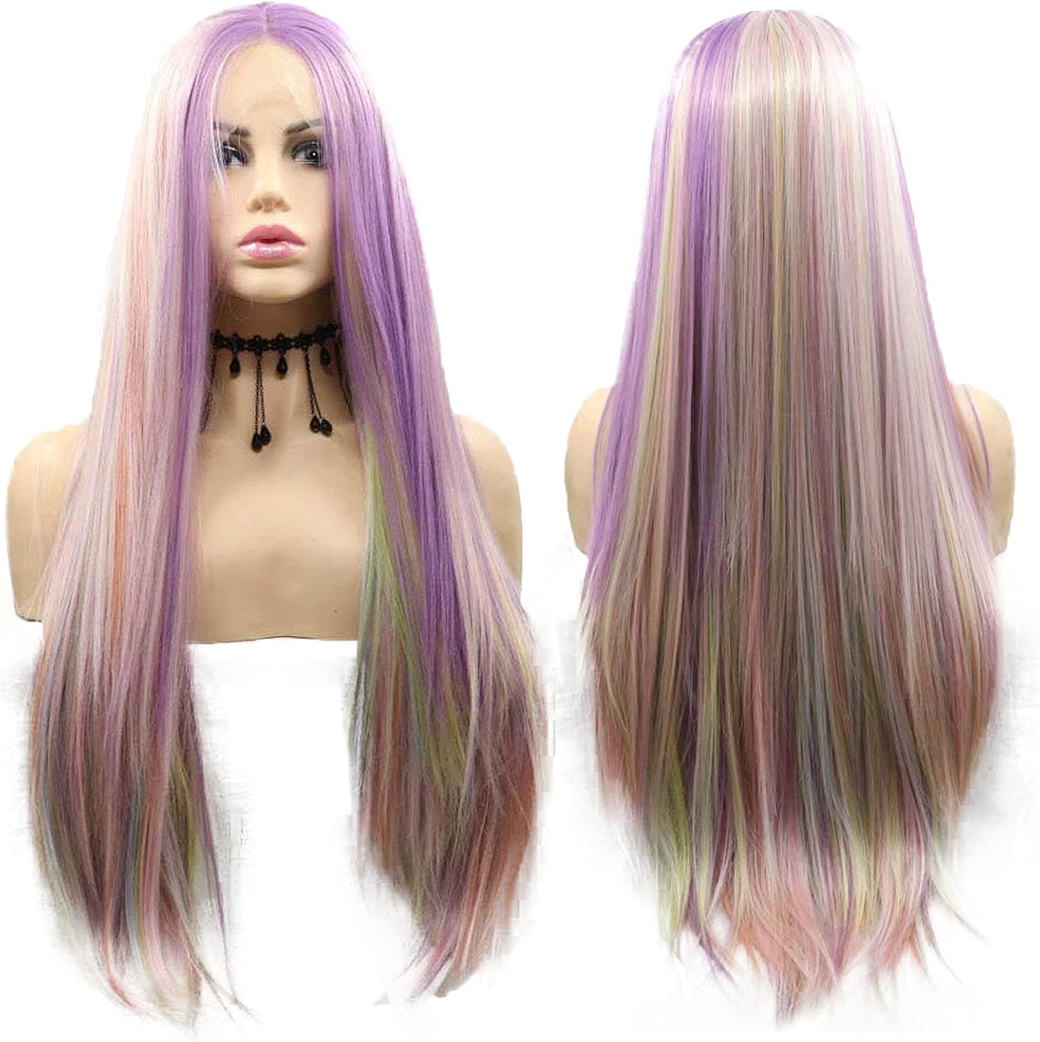 Rainbow Lace Front Wigs Long Multi-Colorful Straight Synthetic Lace Front Wigs Free Parting Wig with Gift Pack Colorful Mermaid Heat Resistant Fibre Hair for Women 24 inches - Image 3